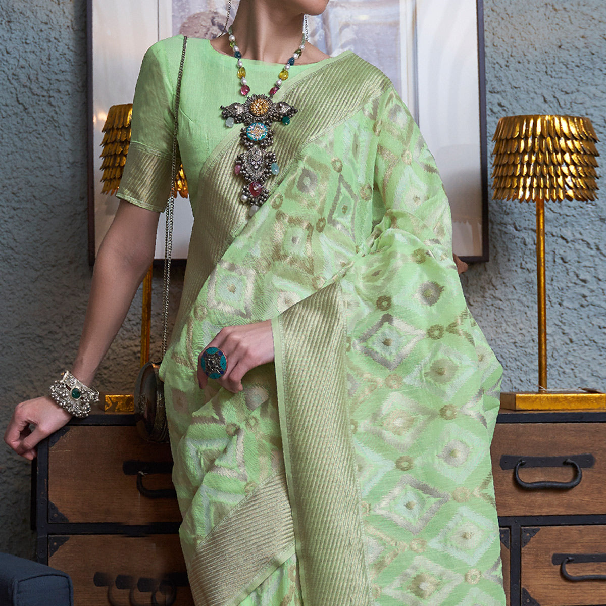 Peachmode Mint Green Woven Art Silk Saree – Women's - view 2