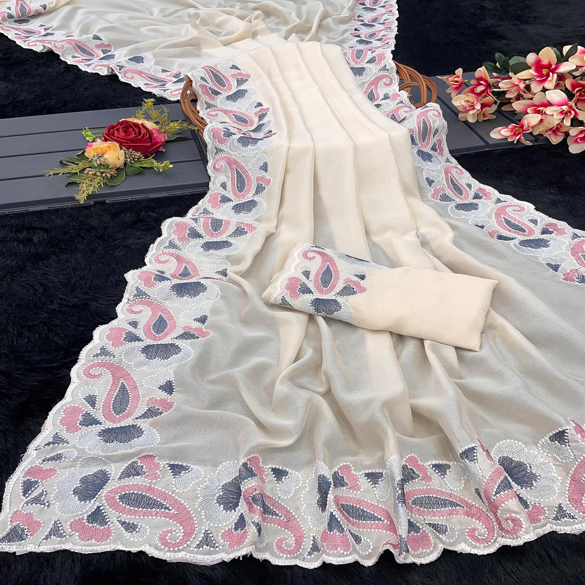 Peachmode Cream Floral Embroidered Vichitra Silk Saree