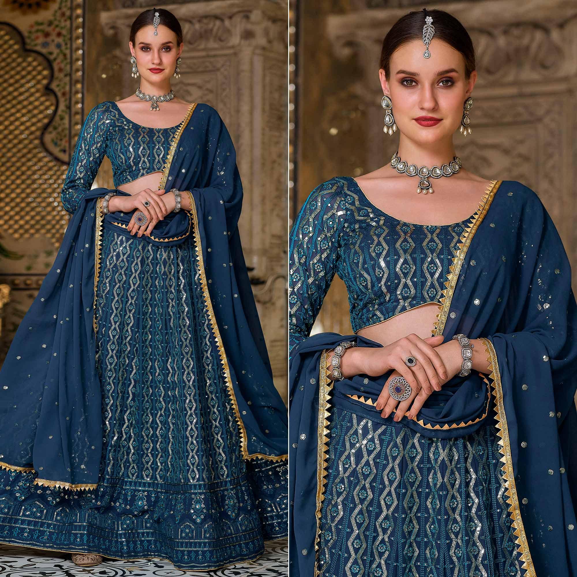 Peachmode Blue Wedding Wear Sequins Embroidered Georgette Lehenga Choli