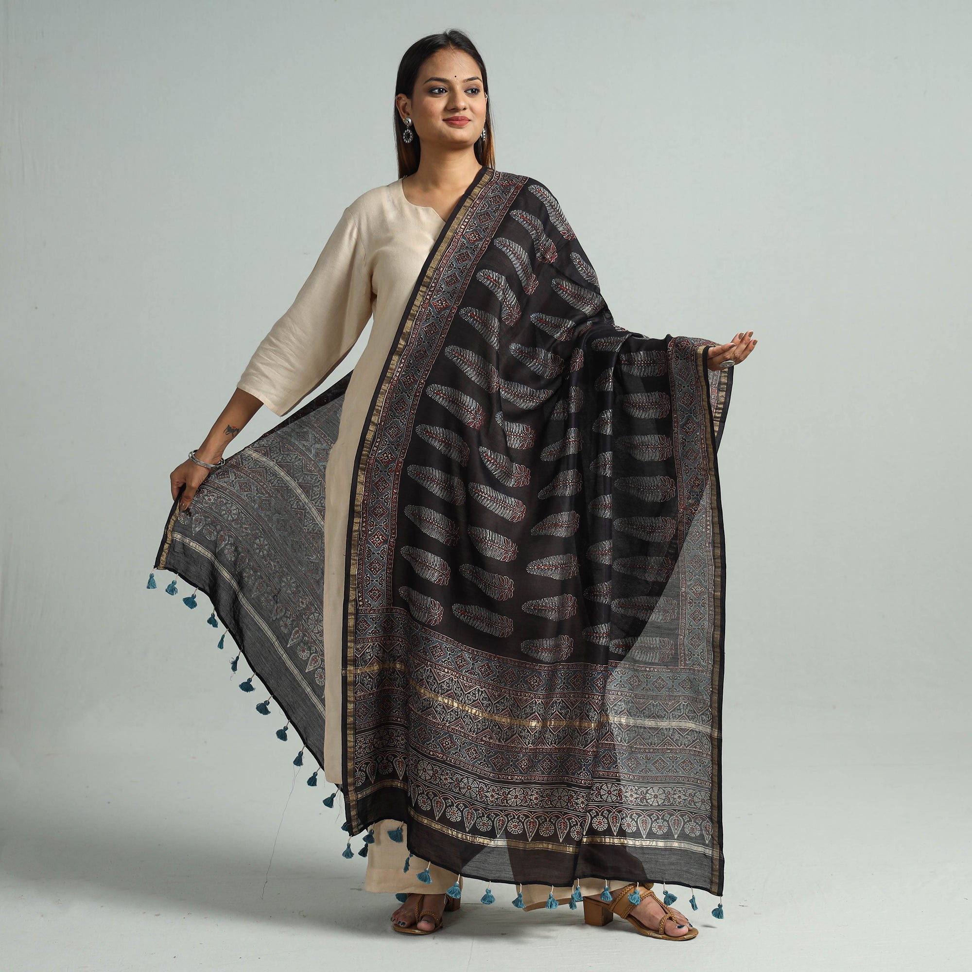KACHCHH JI CHHAAP Black - Hand Block Print Chanderi Silk Ajrakh Dupatta 54