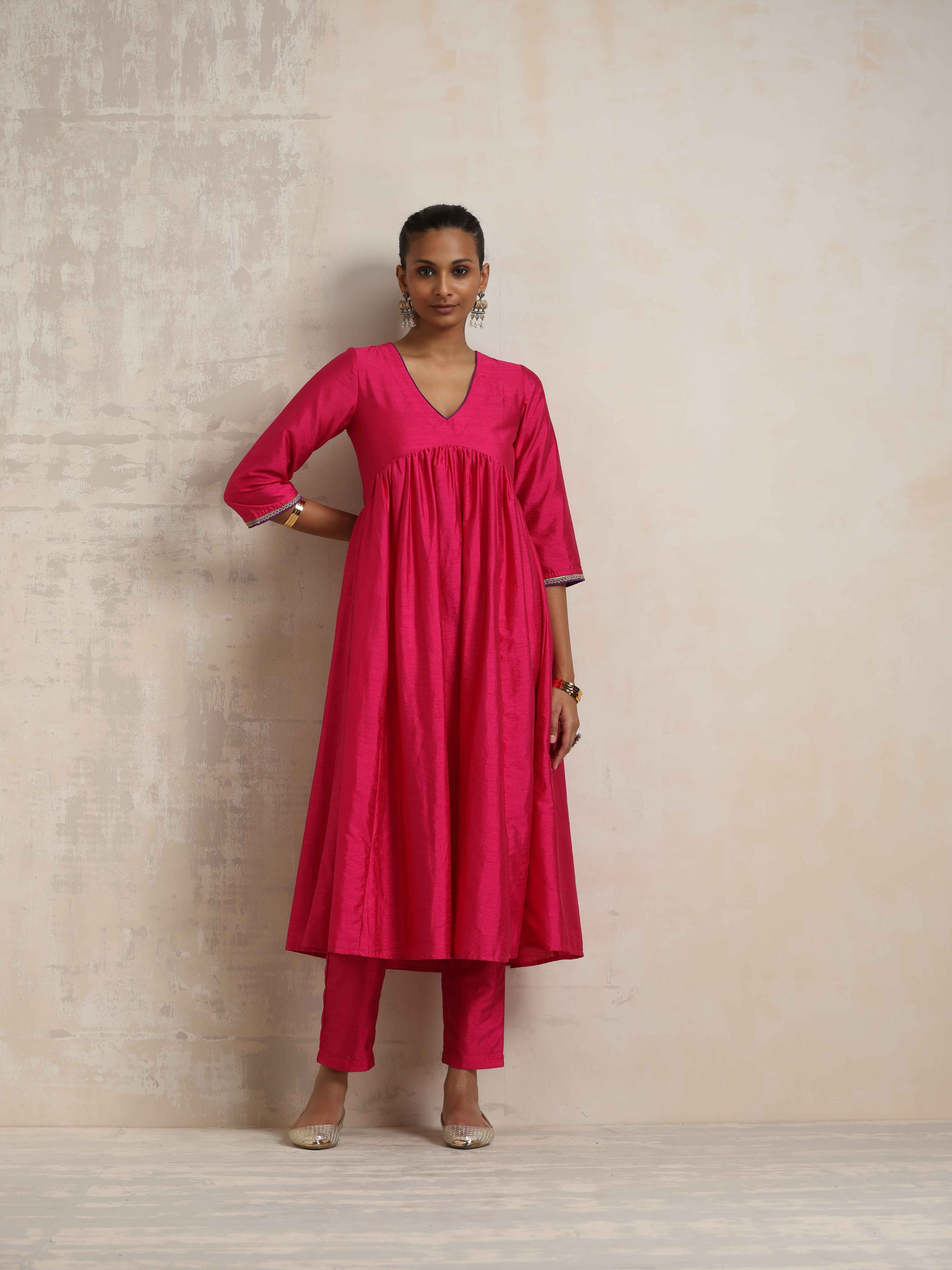 trueBrowns Pink Silk Anarkali Kurta Pant Dupatta Set - view 2