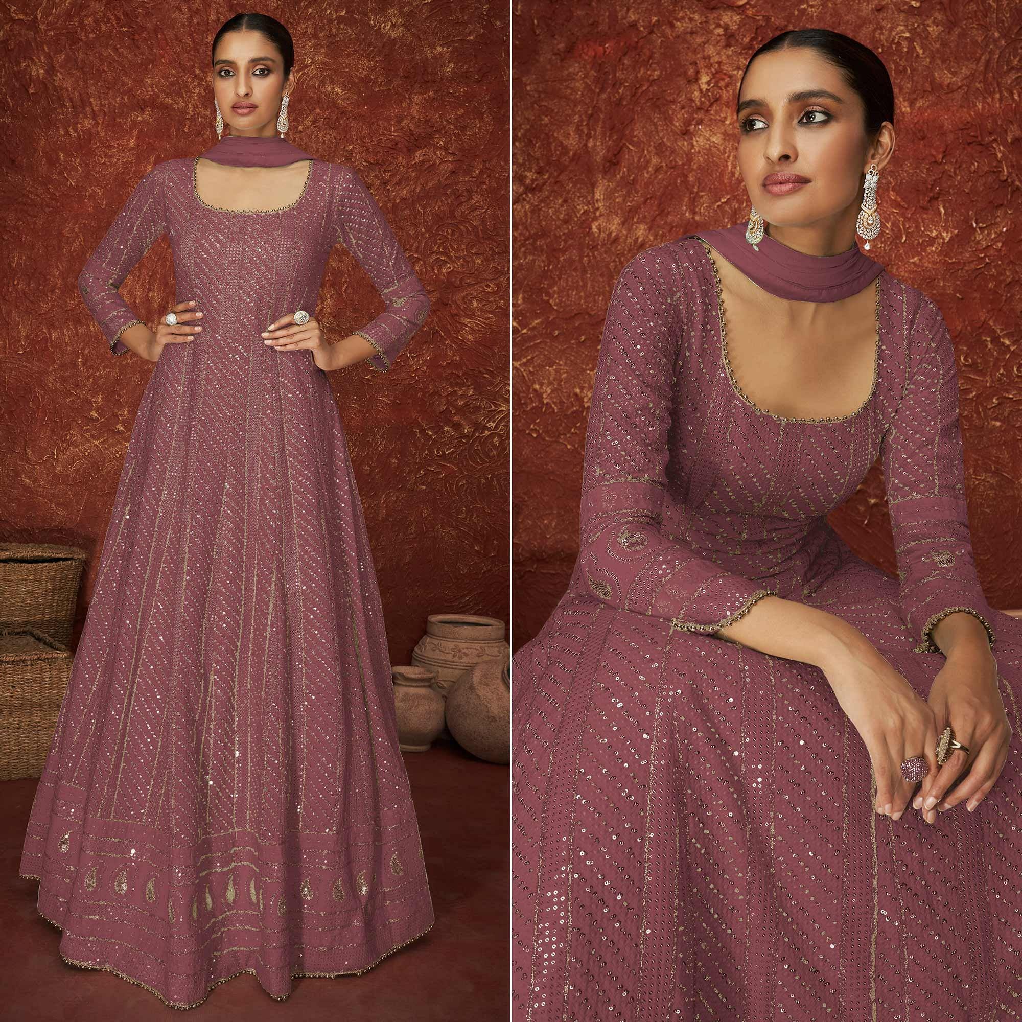 Peachmode Seller Mauve Partywear Sequins Embroidered Georgette Gown - view 2
