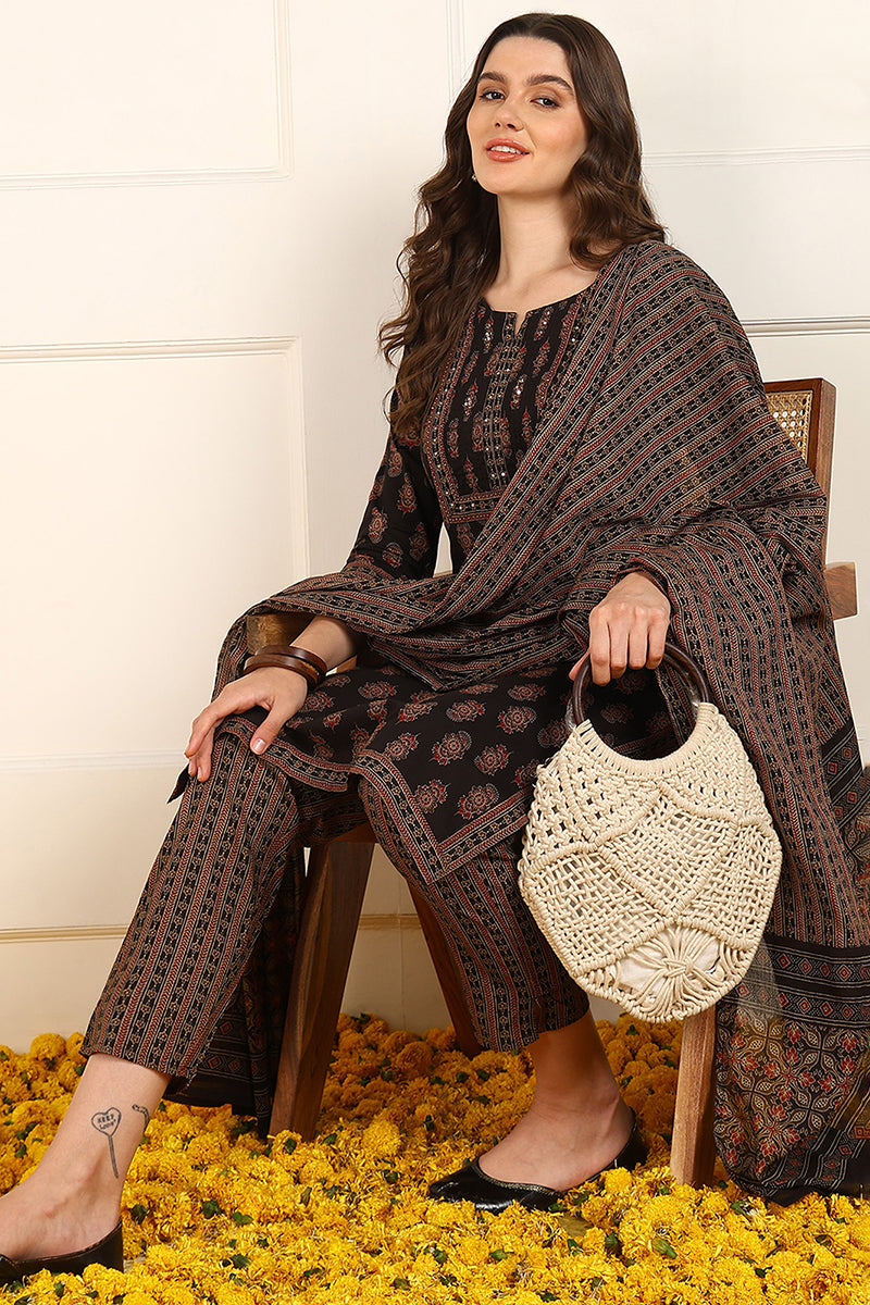 Ahika Brown Cotton Floral Printed Straight Suit Set JPSKD1007BRN - view 2