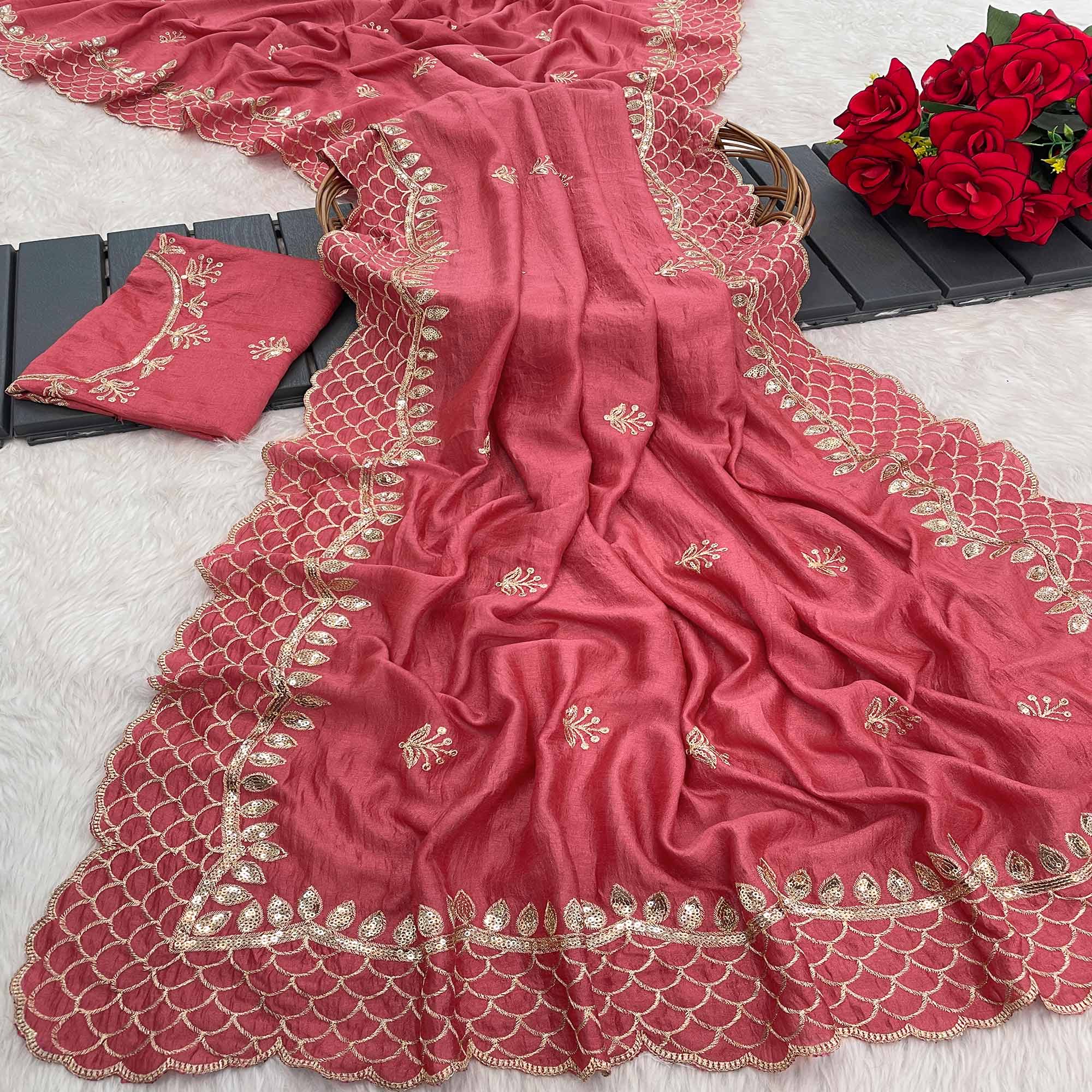 Peachmode Gajri Pink Sequins Embroidered Vichitra Silk Saree