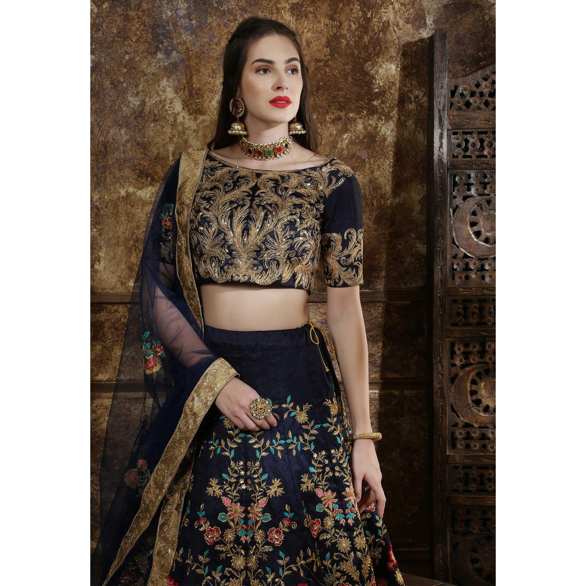 BlackTree graceful-navy-blue-colored-party-wear-embroidered-thai-silk-lehenga-choli-71067 - view 2