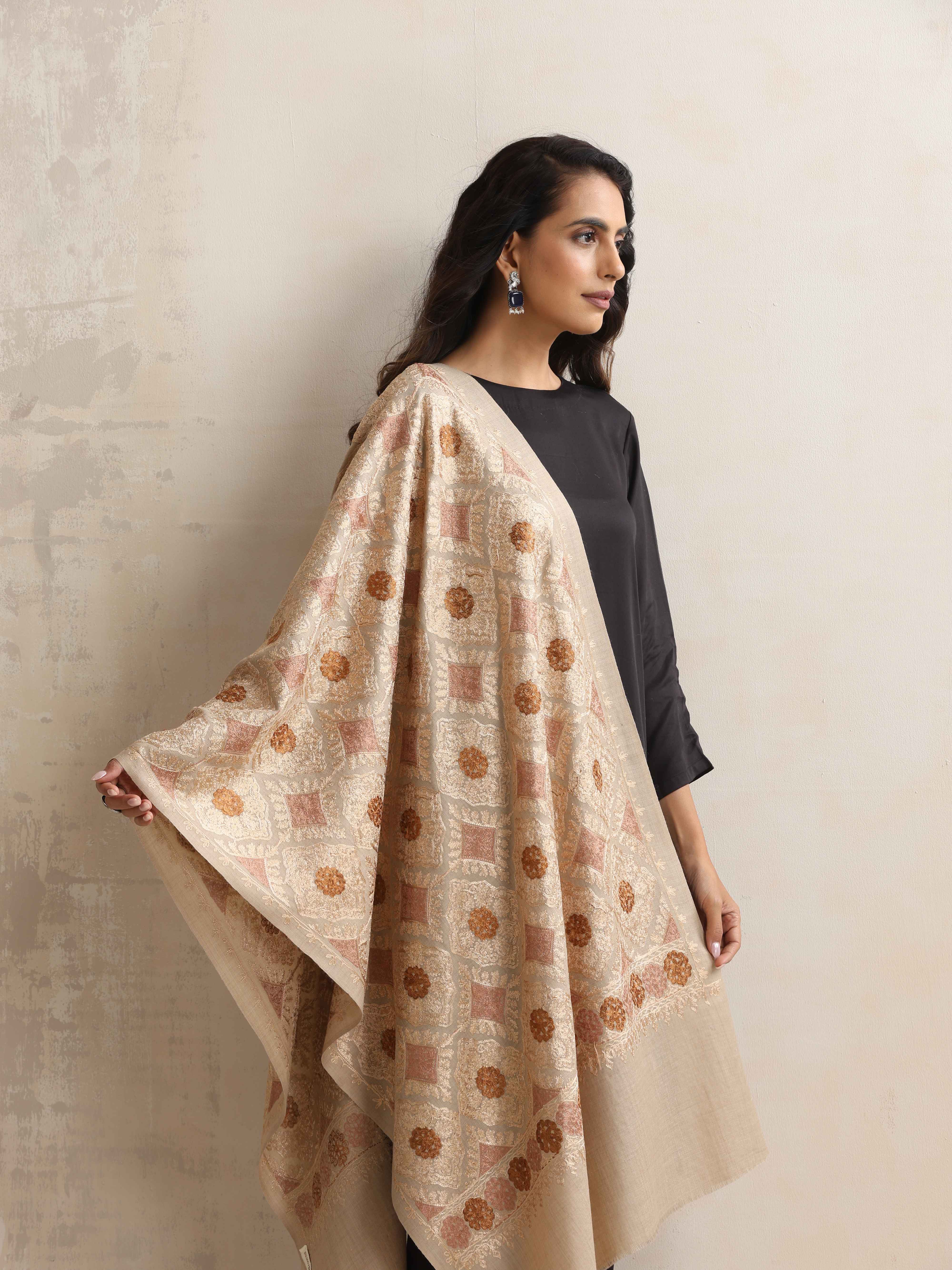 trueBrowns Beige Embroidered Woollen Stole - view 2