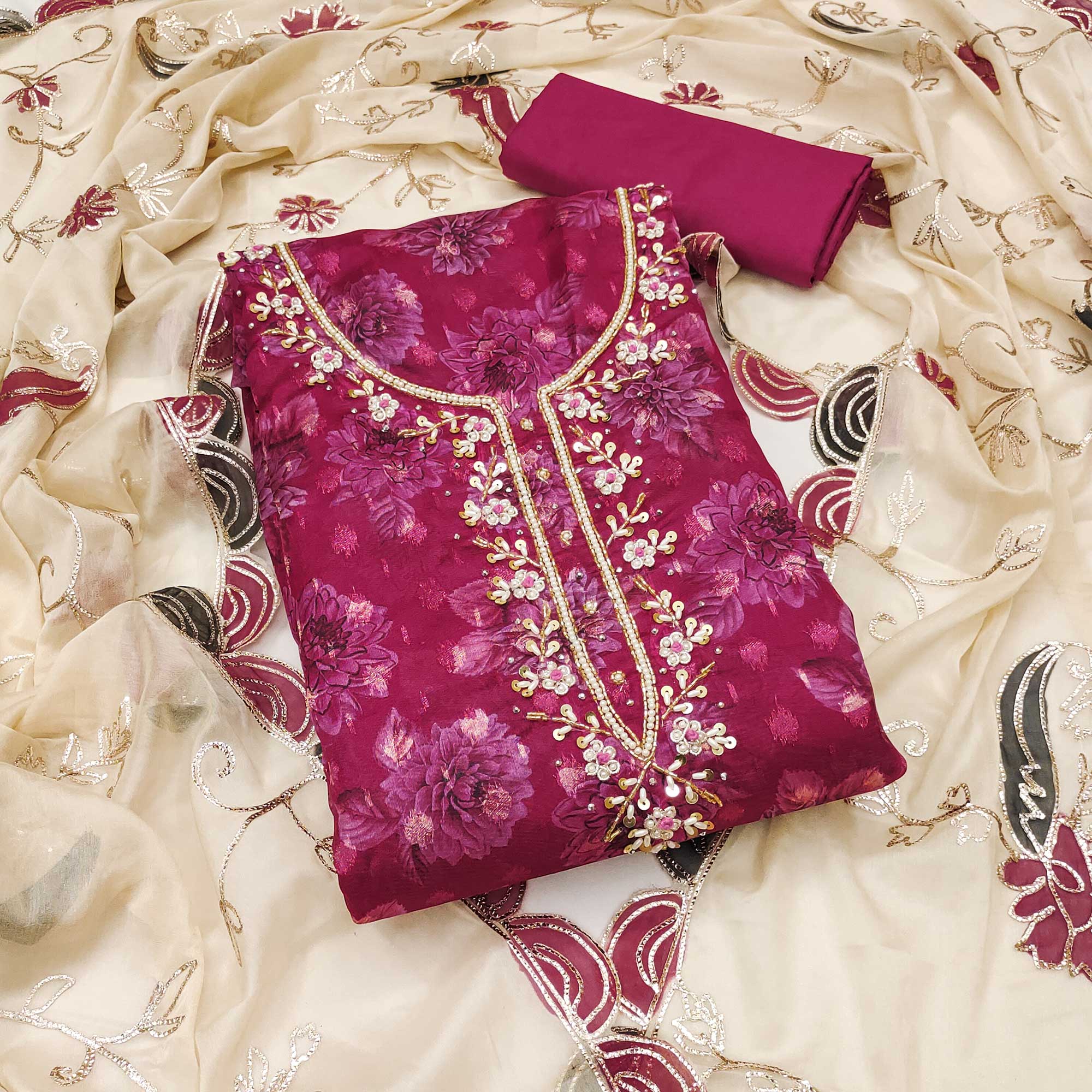 Peachmode Dark Magenta Floral Printed With Handwork Viscose Banarasi Dress Material