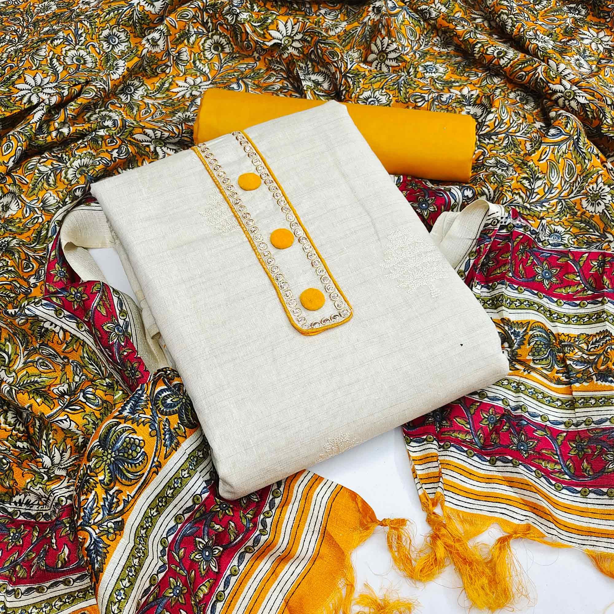 White dresses – BlackTree graceful-off-white-yellow-colored-partywear-embroidered-cotton-dress-material-41498