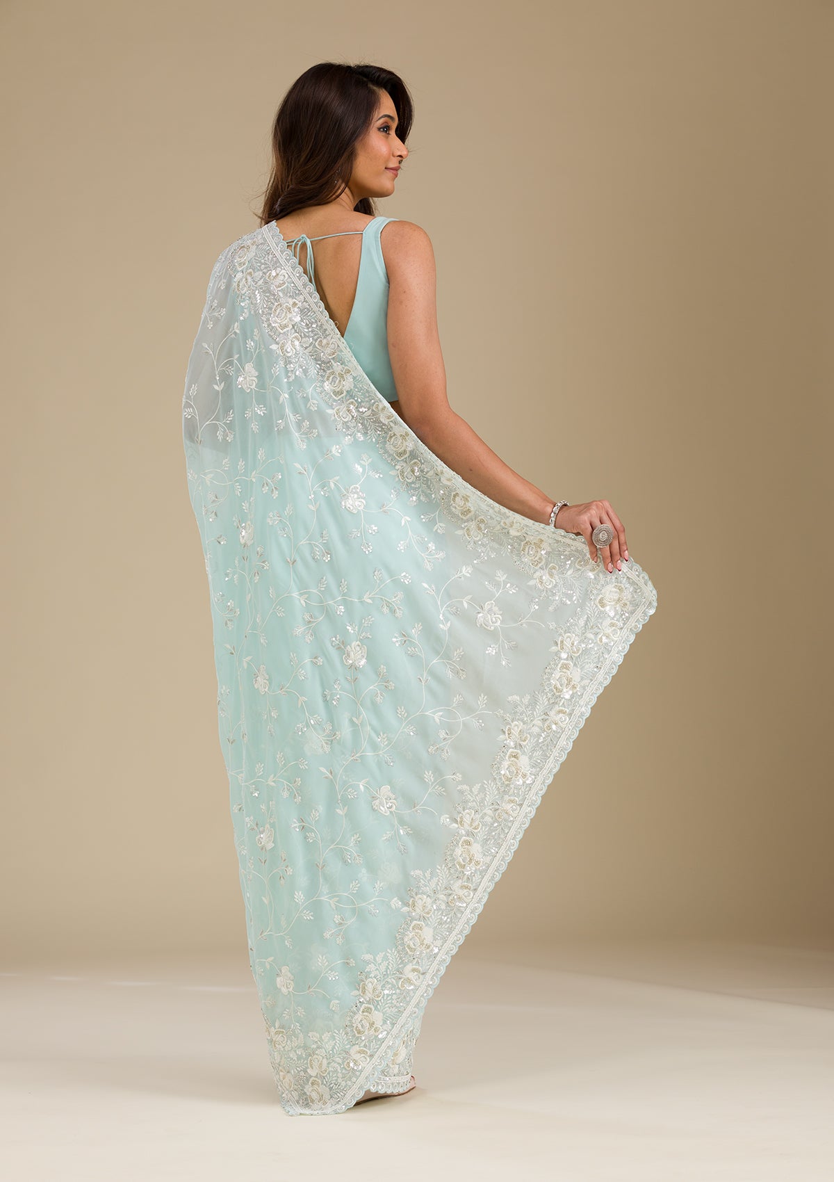 Koskii Sky Blue Threadwork Georgette Saree – Women's - view 2
