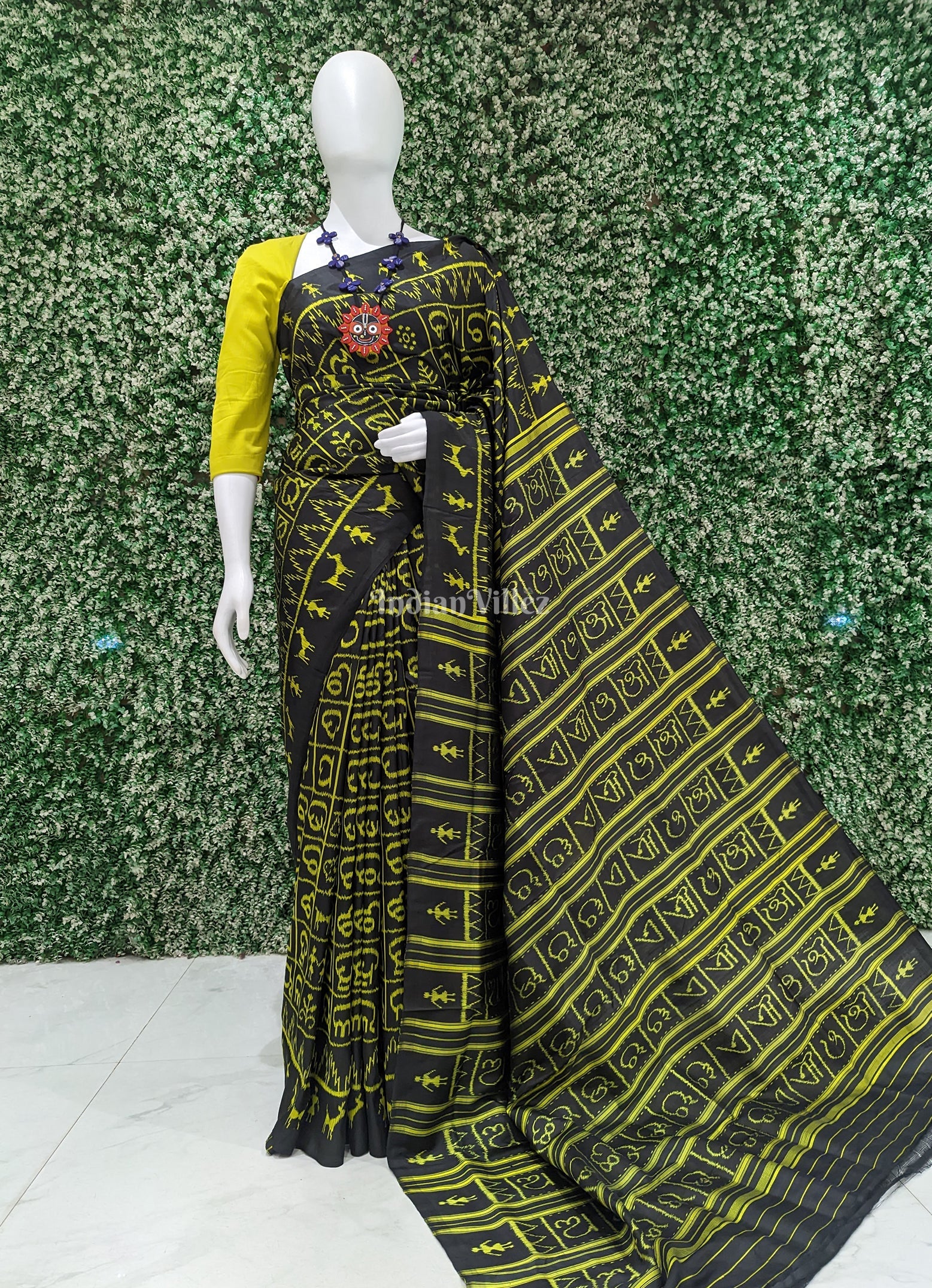 IndianVillèz Black Neon Odia Barnamala Contemporary Silk Saree