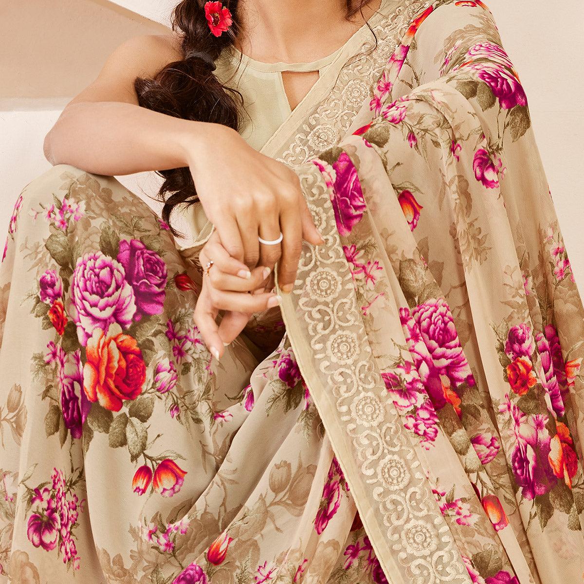 Peachmode Intricate Beige Colored Casual Wear Floral Printed Georgette Saree - view 2
