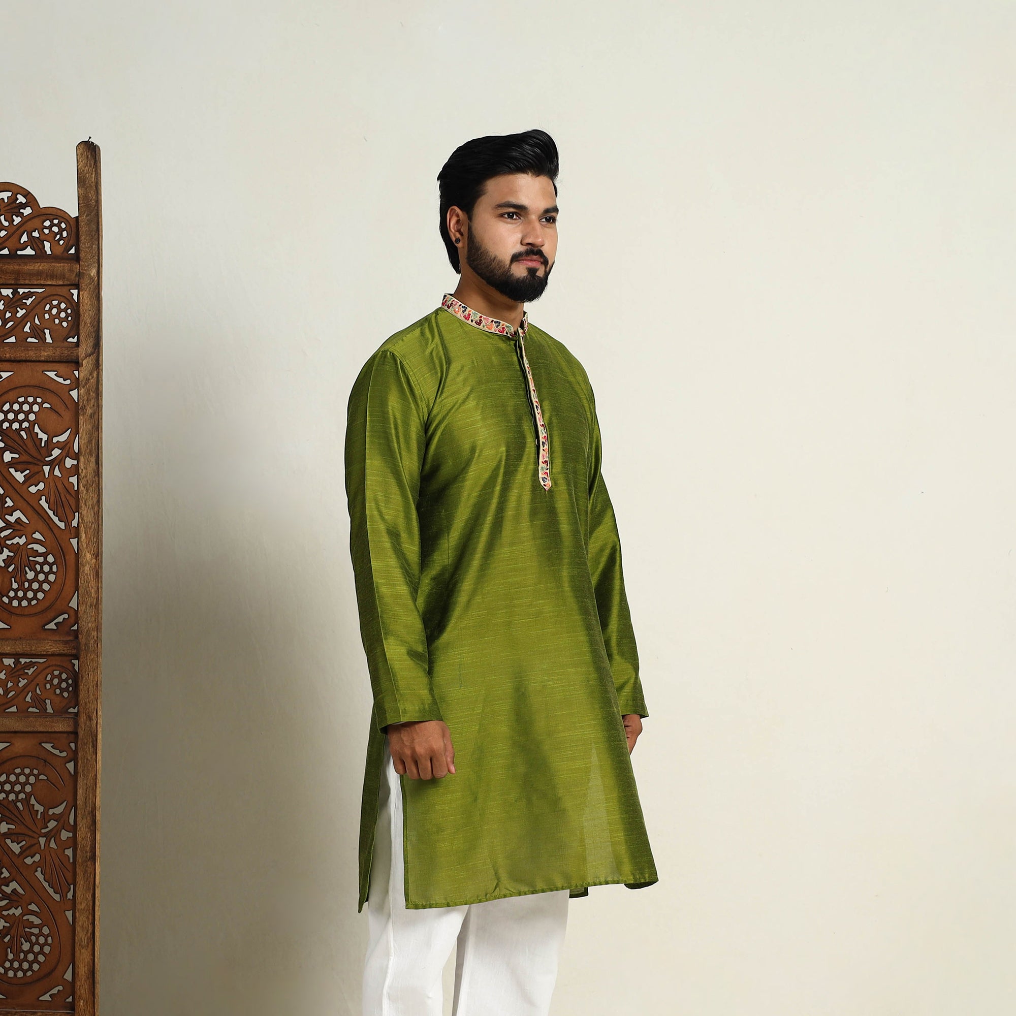 ITOKRI CASUALS Avacado Green - Slub Silk Kurta for Men with Detailed Neckline Work 11 - view 6