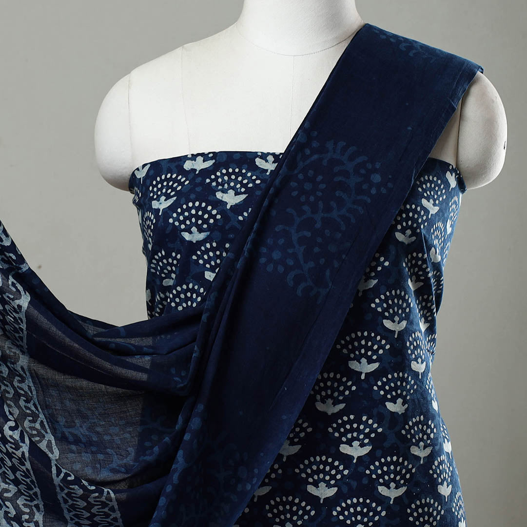 ARTISAN HAND BLOCK PRINTS Blue - 3pc Cotton Indigo Bagru Print Dress Material Set 16 - view 3