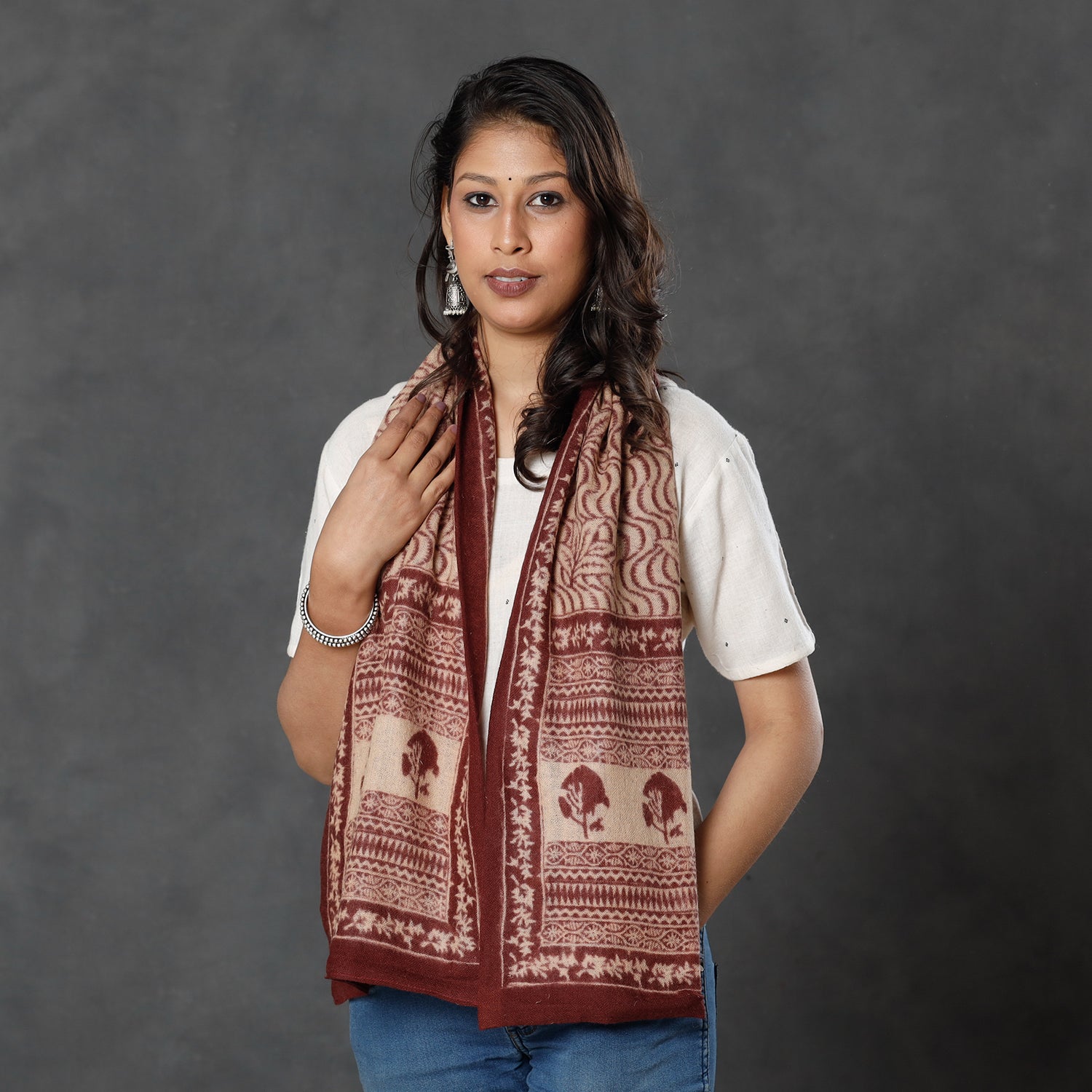 BAGH PRINTS BY MOHAMMED BILAL KHATRI Brown - Bagh Block Printed Natural Dyed Woolen Muffler (61 in)