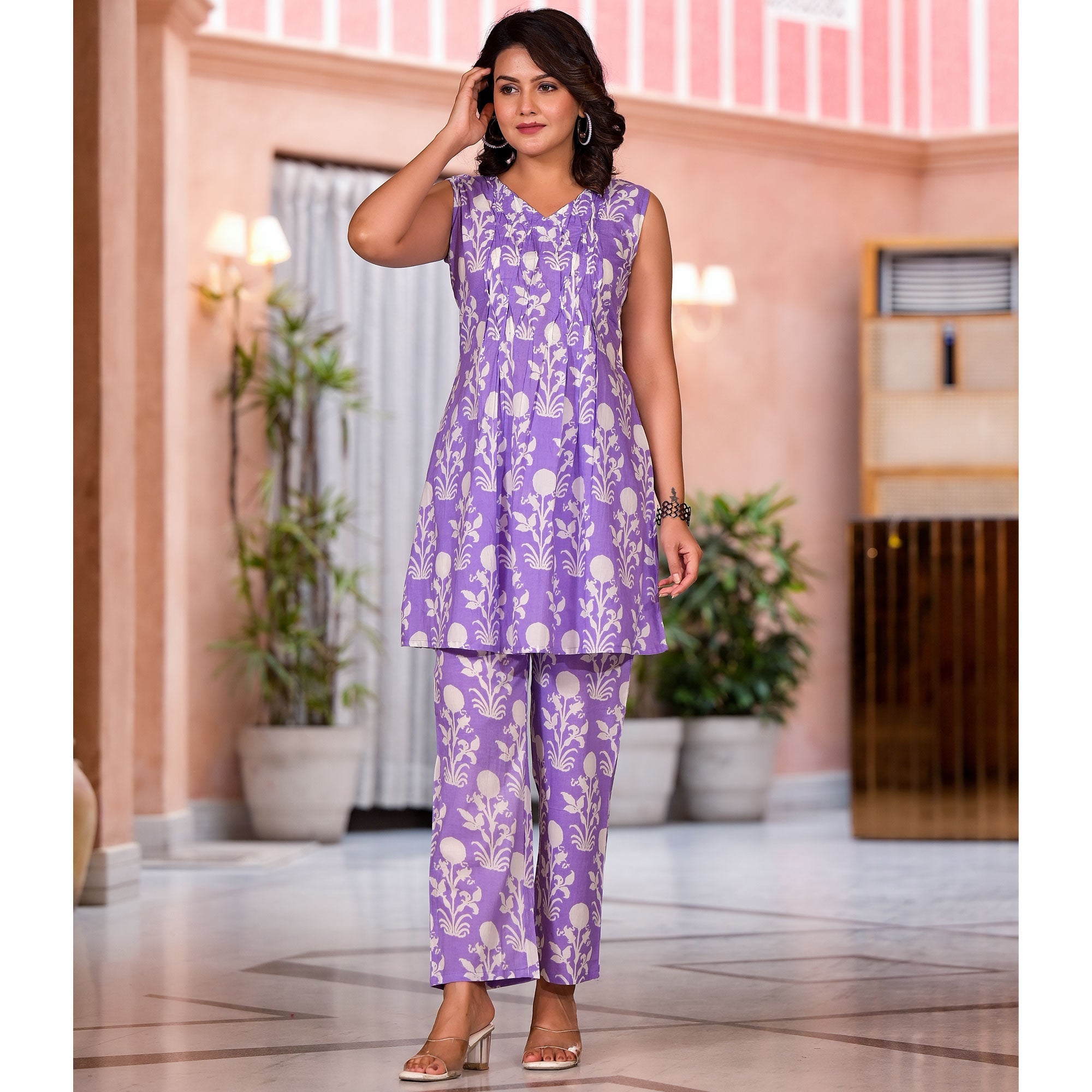 Peachmode Lavender Floral Printed Pure Cotton A-Line Co-Ord Set - view 8