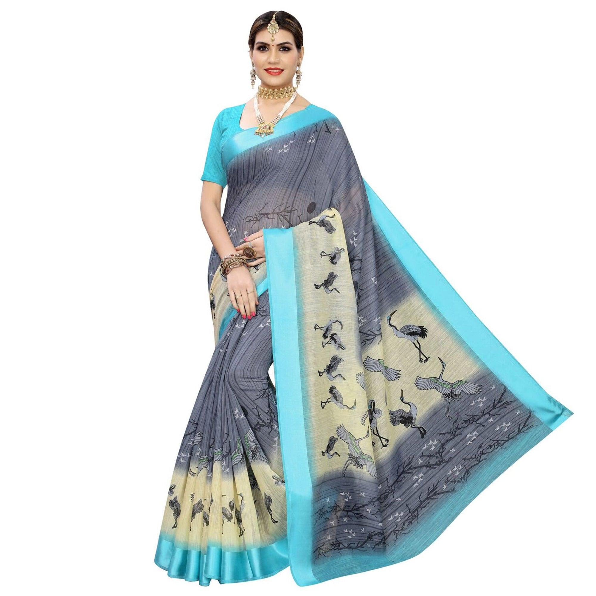 Peachmode Engrossing Grey Colored Casual Printed Linen Saree