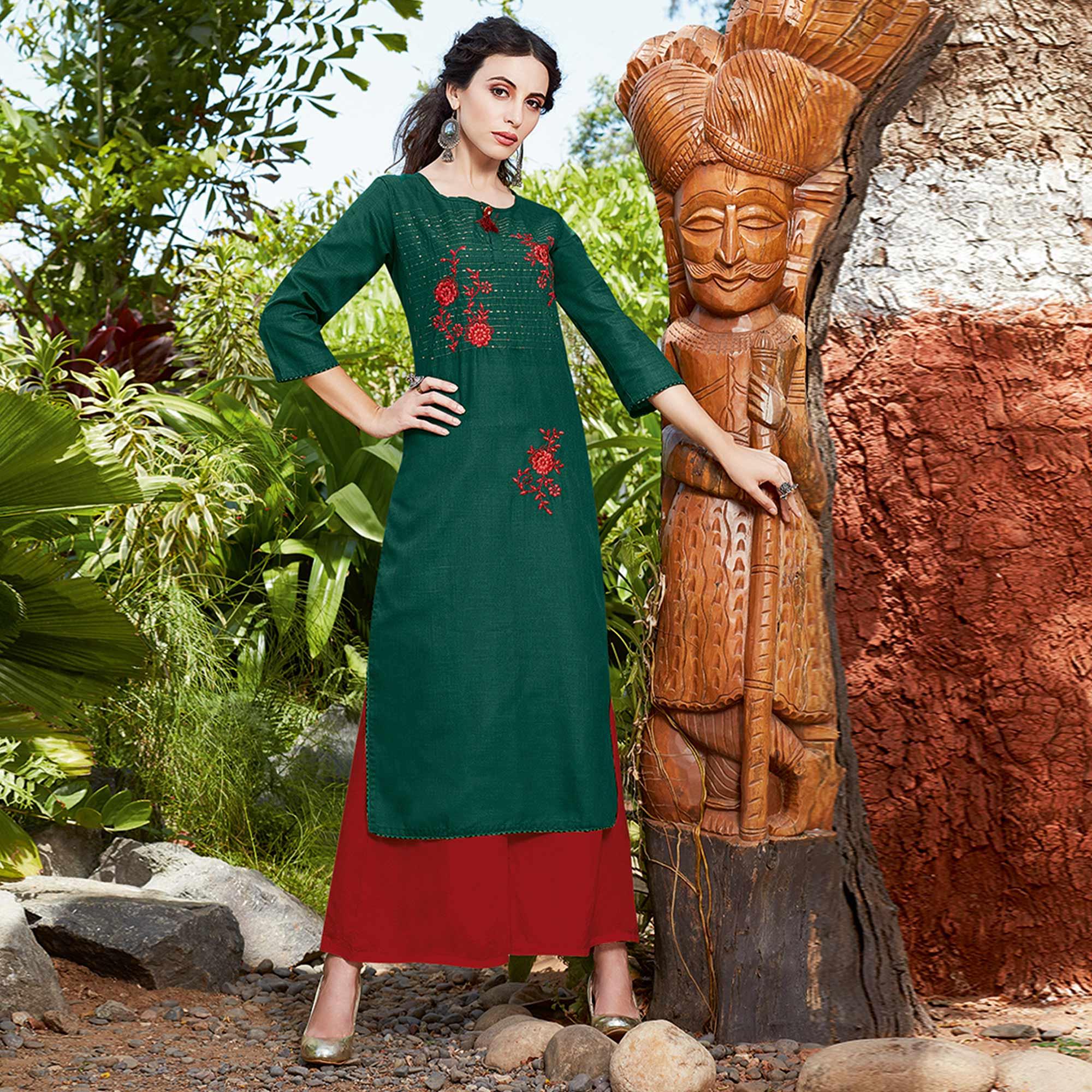 Peachmode Seller Charming Dark Green Colored Casual Wear Embroidered Cotton Sulb Kurti