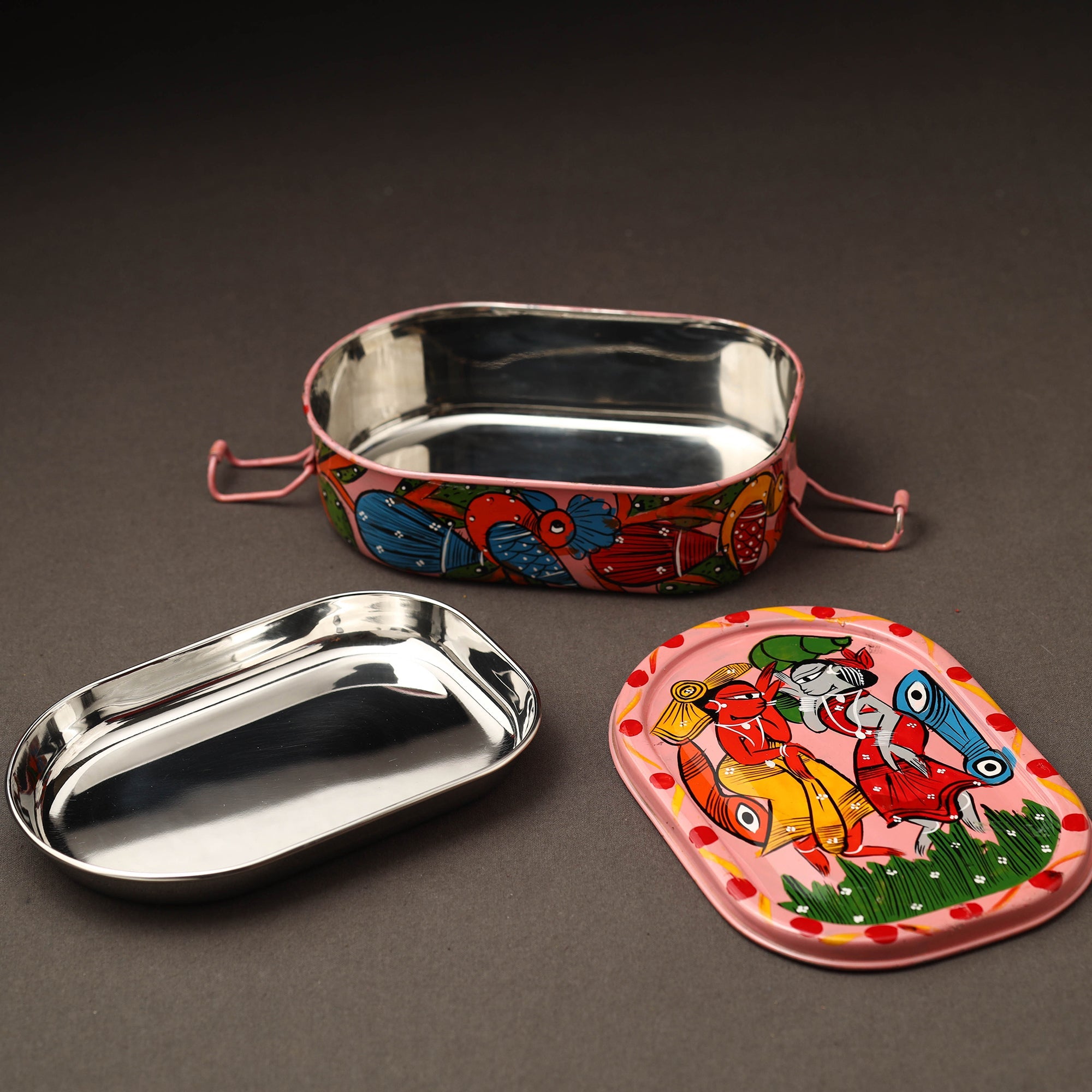 AAYAAS Bengal Patua Handpainted Stainless Steel Rectangle Lunch Box (6 x 4 in) - view 2