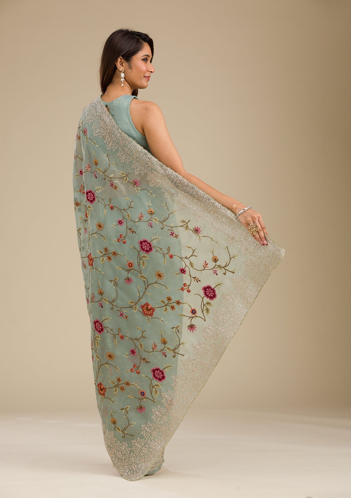 Koskii Sky Blue Zariwork Tissue Saree – Women's - view 2