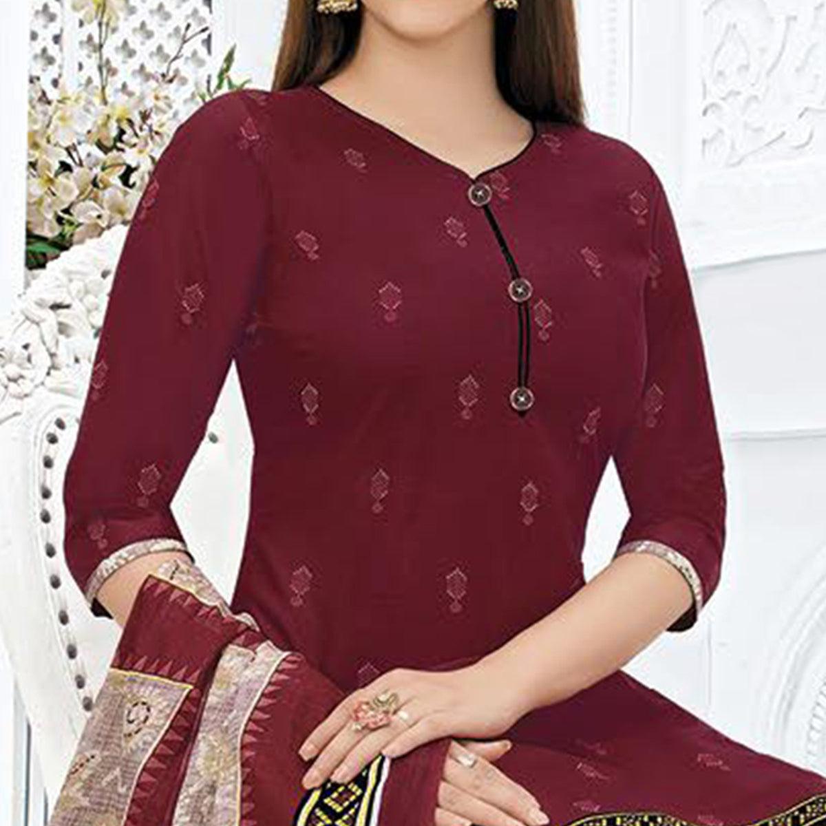 Peachmode Maroon Printed Pure Cotton Stitched Patiala Suit - view 2