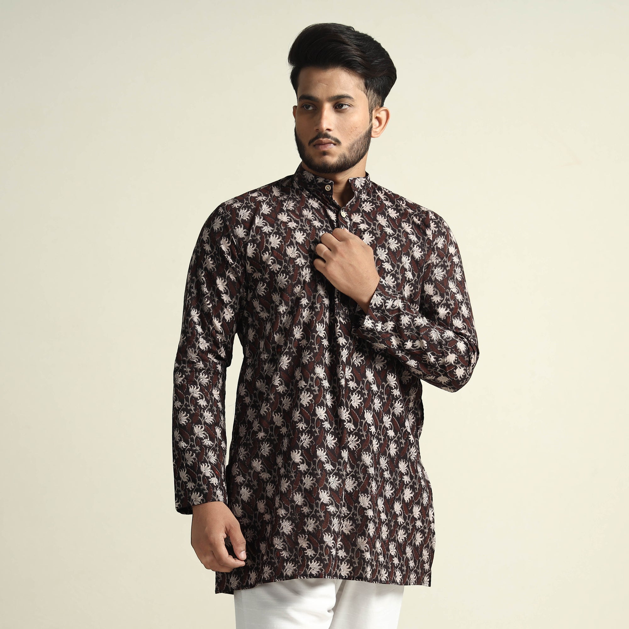 ITOKRI CASUALS Black with Lianas Jaal - Bagru Block Printed Cotton Men Short Kurta - view 4