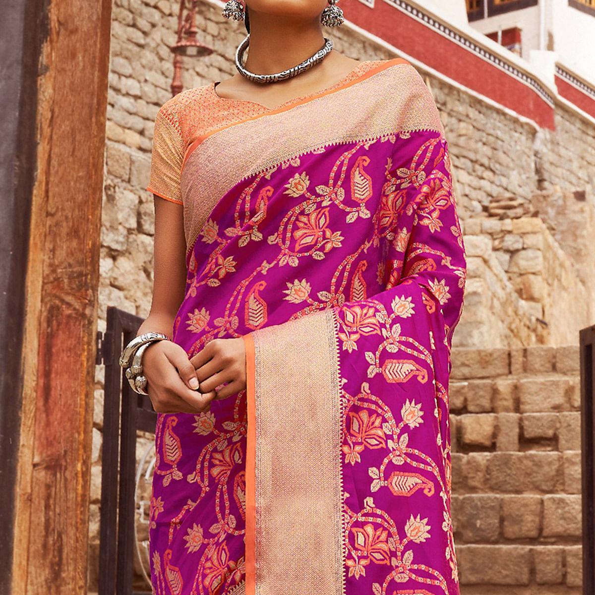 Peachmode Fantastic Deep Magenta Pink Colored Festive Wear Woven Silk Saree - view 2