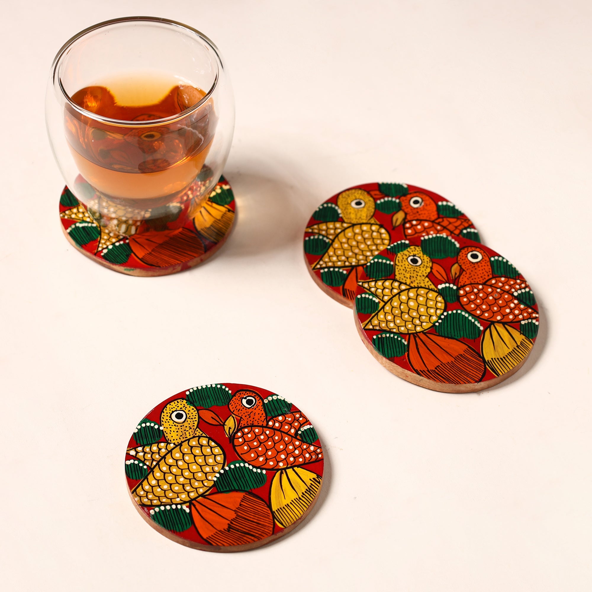 ITOKRI CRAFTS INITIATIVE Bengal Patua Handpainted Akashmoni Wooden Coasters (Set of 4) 14