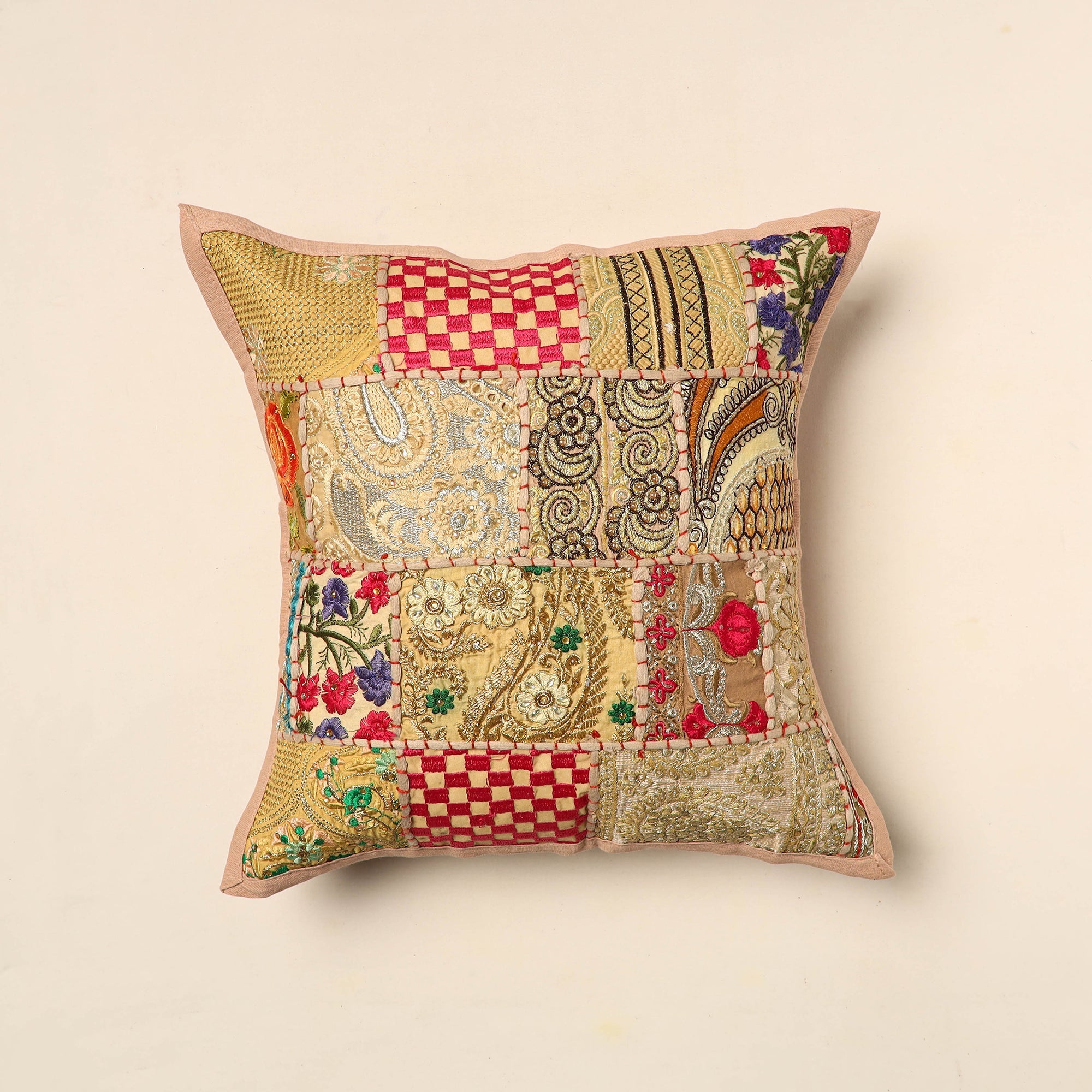 HAVELI CHRONICLES Beige - Elegant Khambadiya Patchwork Cushion Cover (16 x 16 in) 04