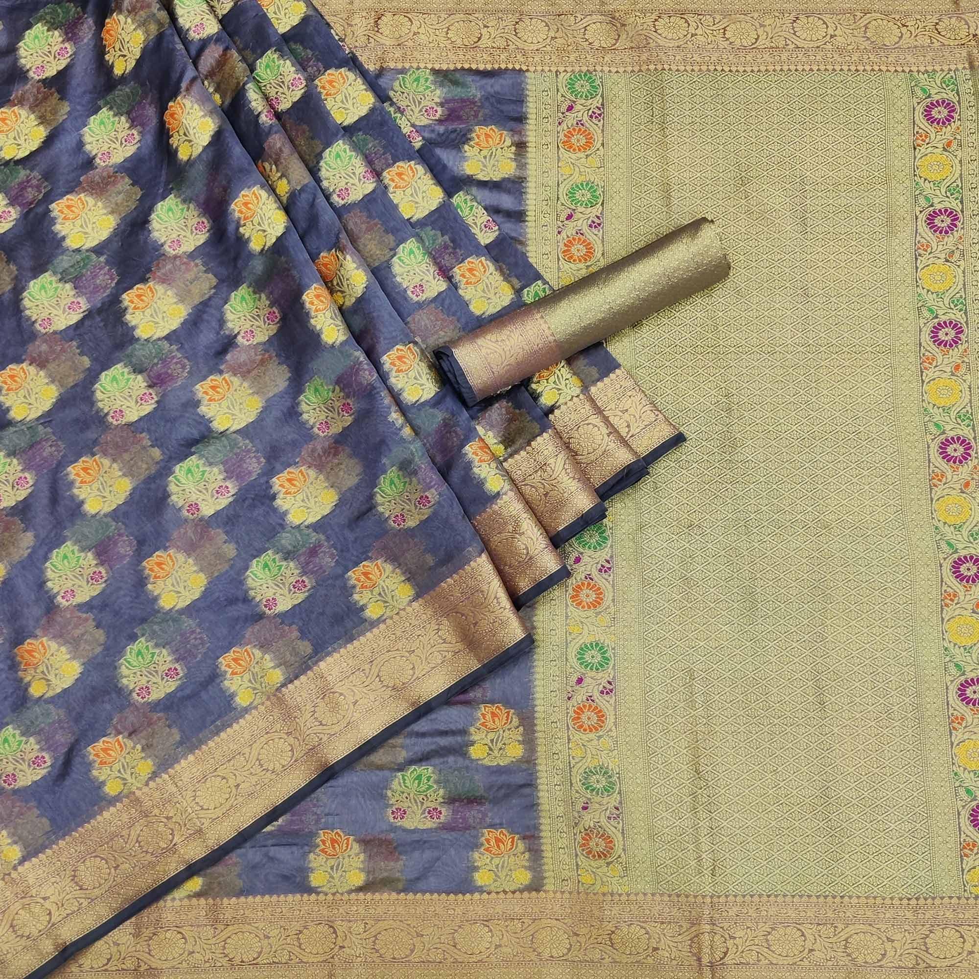 Peachmode Grey Woven Organza Saree – Women's - view 3