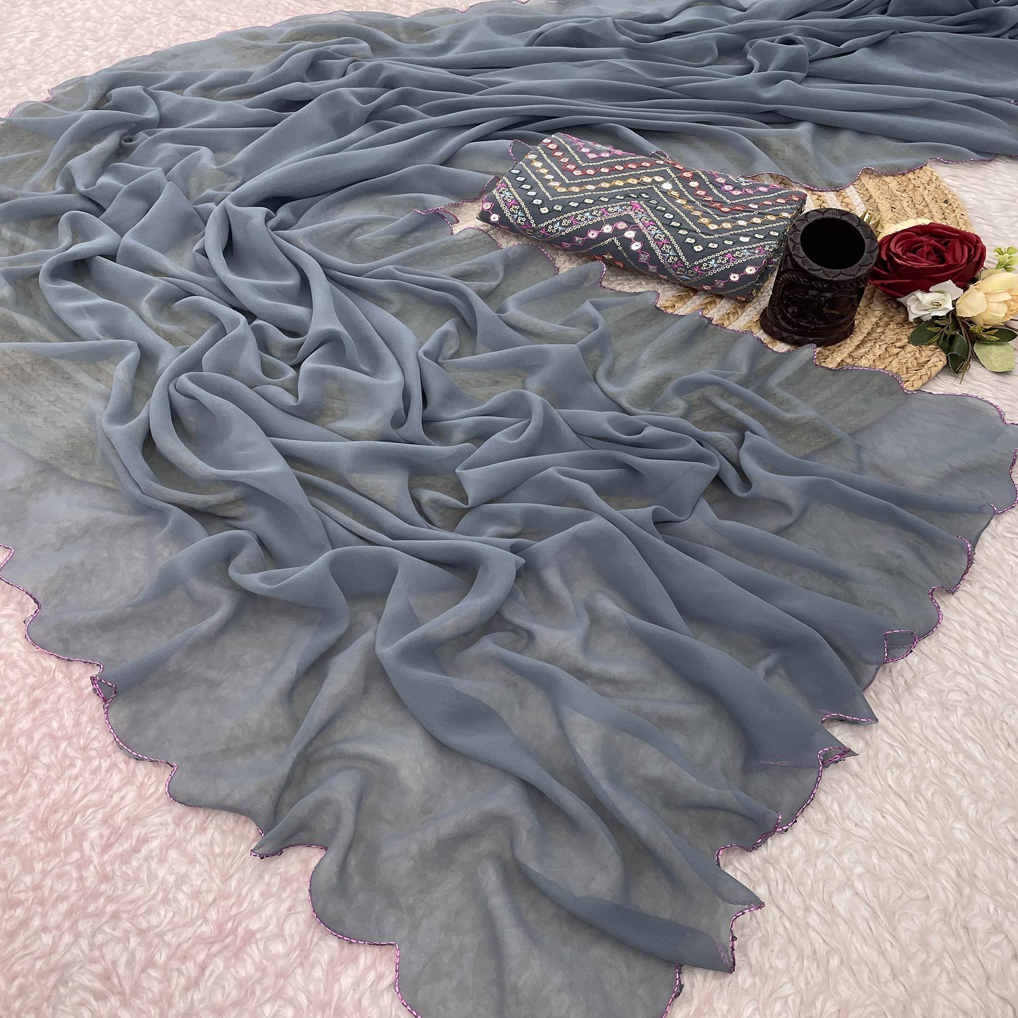 Peachmode Grey Solid Georgette Saree – Women's