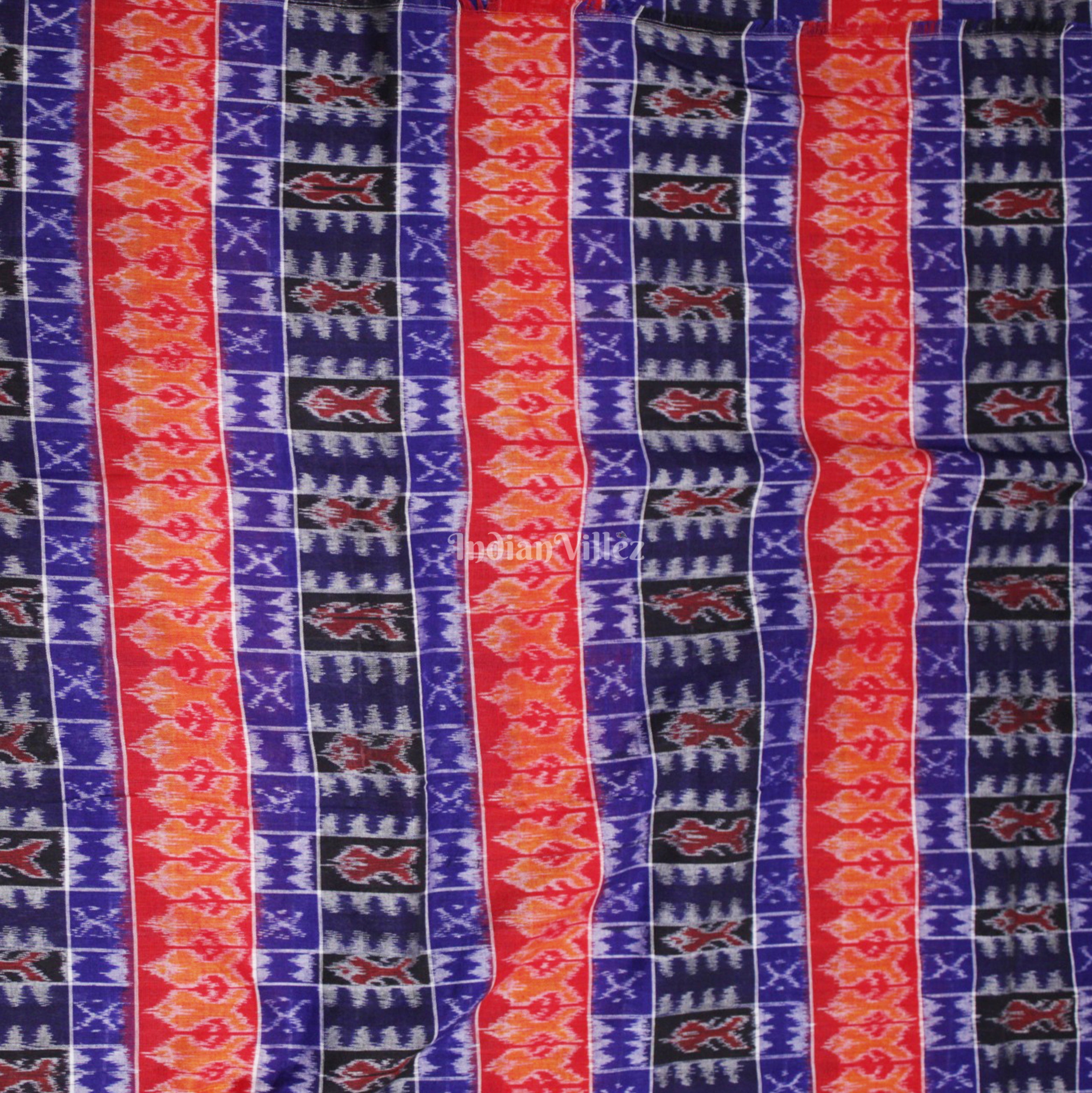 IndianVillèz Red Blue Fish Motif Sambalpuri Ikat Cotton Fabric - view 2