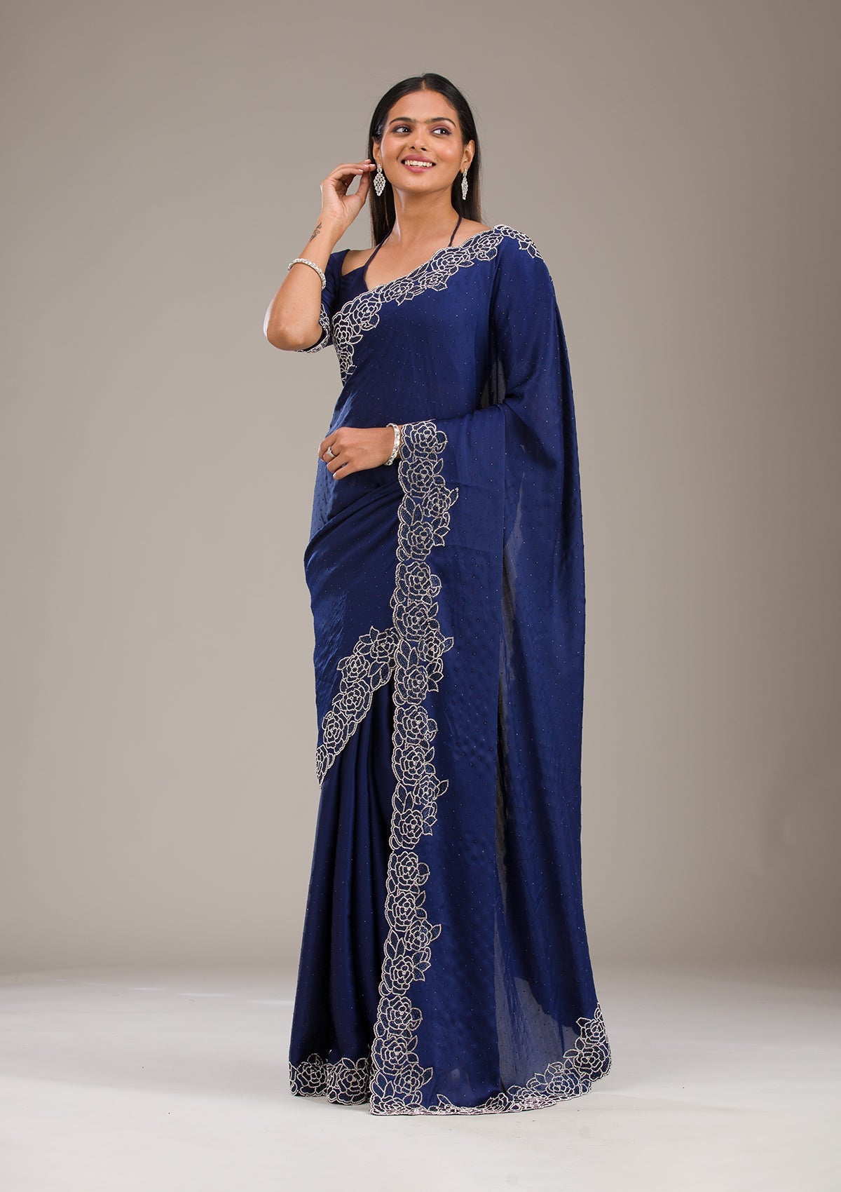 Koskii Navy Blue Swarovski Satin Saree – Women's - view 3