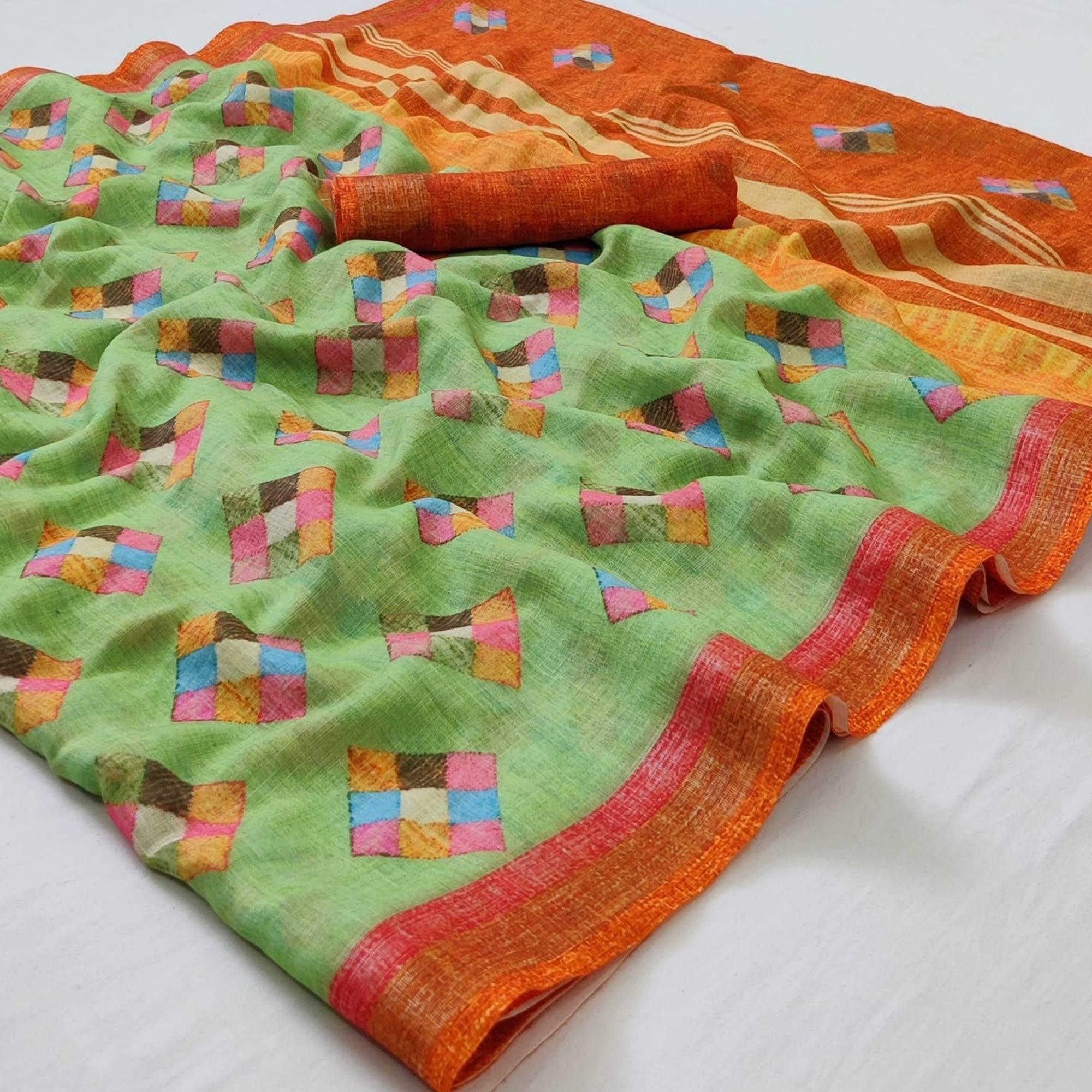 Green sarees – BlackTree green-geometric-printed-linen-saree-145059