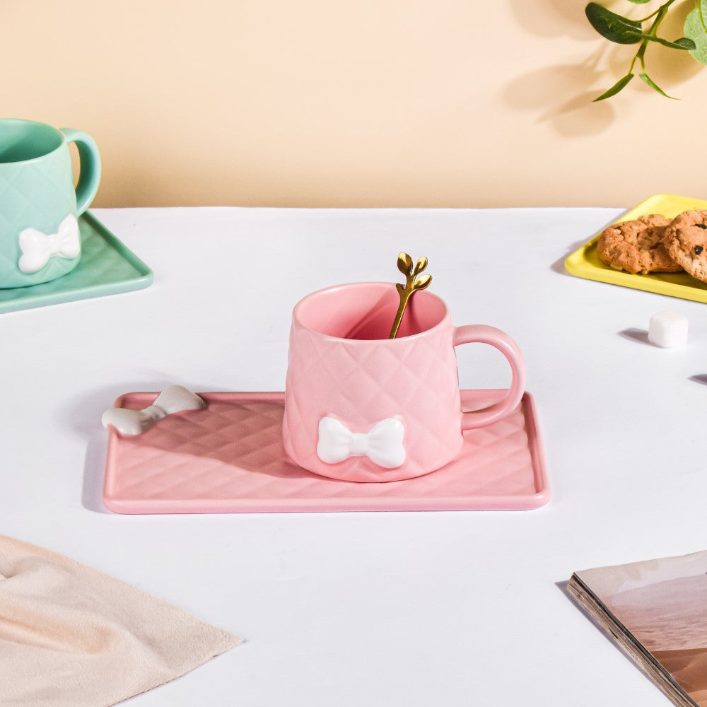 Nestasia Bow Cup With Rectangular Plate Pink 260 ml