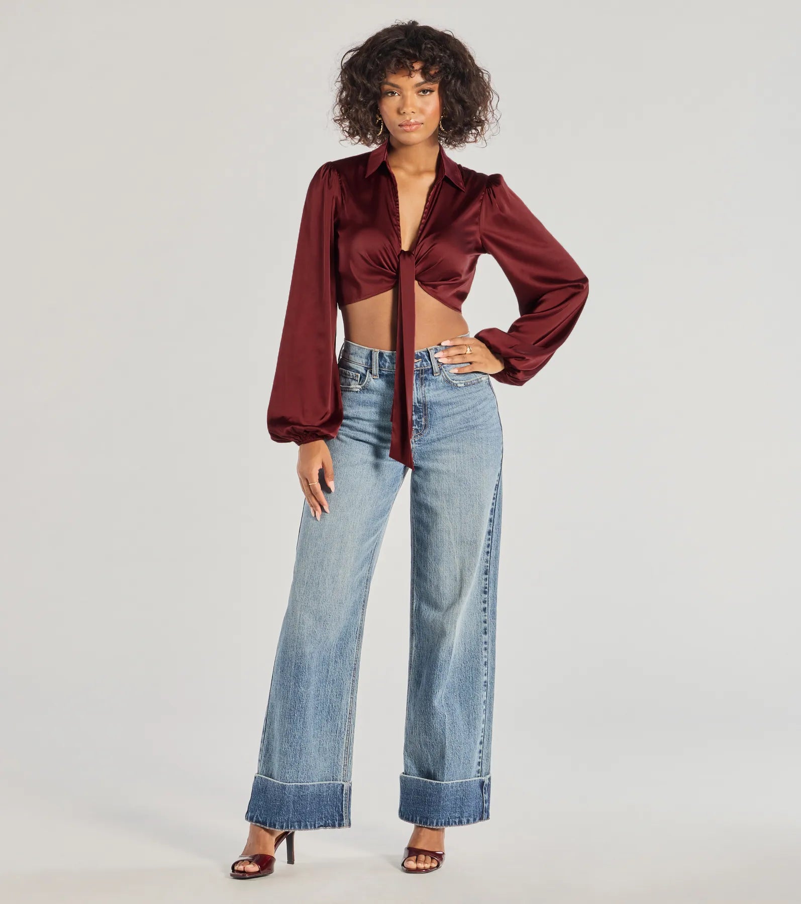 Windsor Sleek Mood Satin Tie-Front Crop Top - view 3