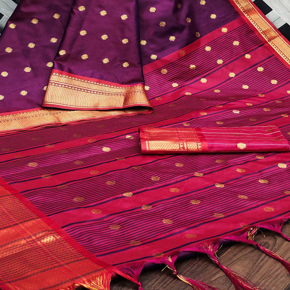 Peachmode Purple Zari Woven Lichi Art Silk Saree With Tassels - view 2