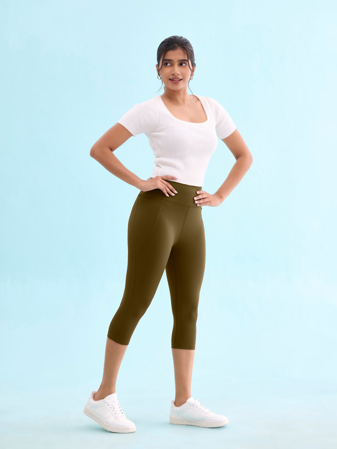 Go Colors Women Solid Olive Green High Rise Training Capri - view 2