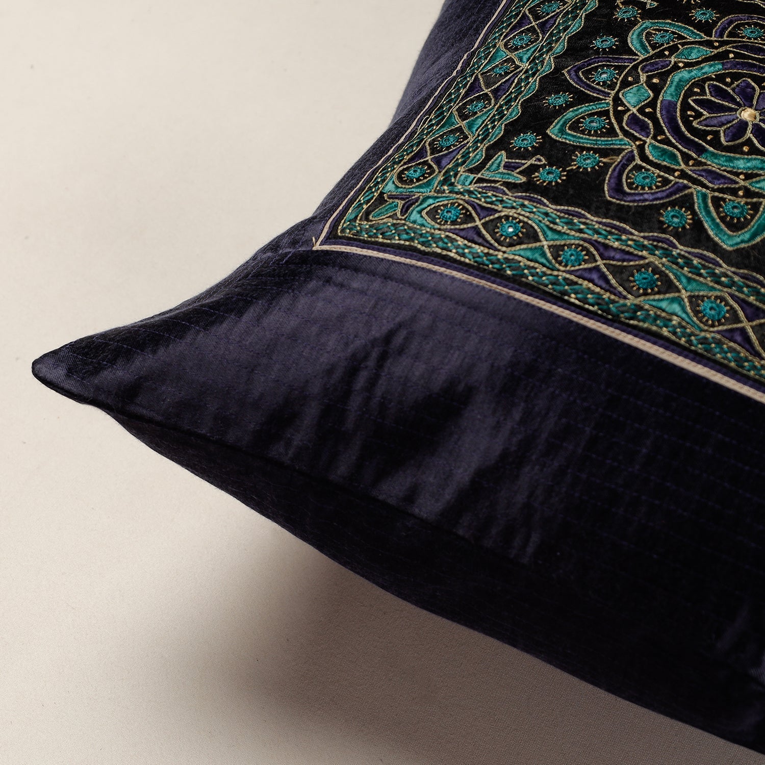 QASAB Black - Kutch Pakko Hand Embroidery Mashru Silk Cushion Cover (16 x 16 in) - view 2