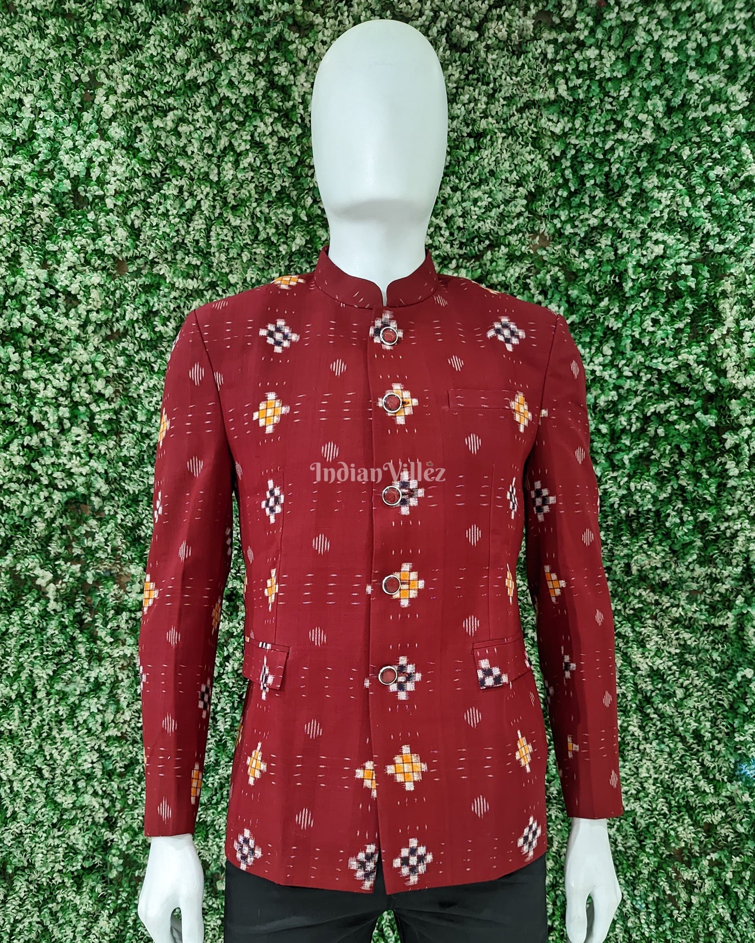 IndianVillèz Red Jodhpuri bandhgala Odisha Ikat Men's Casual Blazer With Pasapali Theme