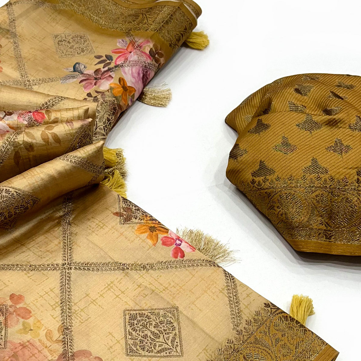 Peachmode Chikoo Woven With Floral Digital Printed Raw Silk Saree - view 2