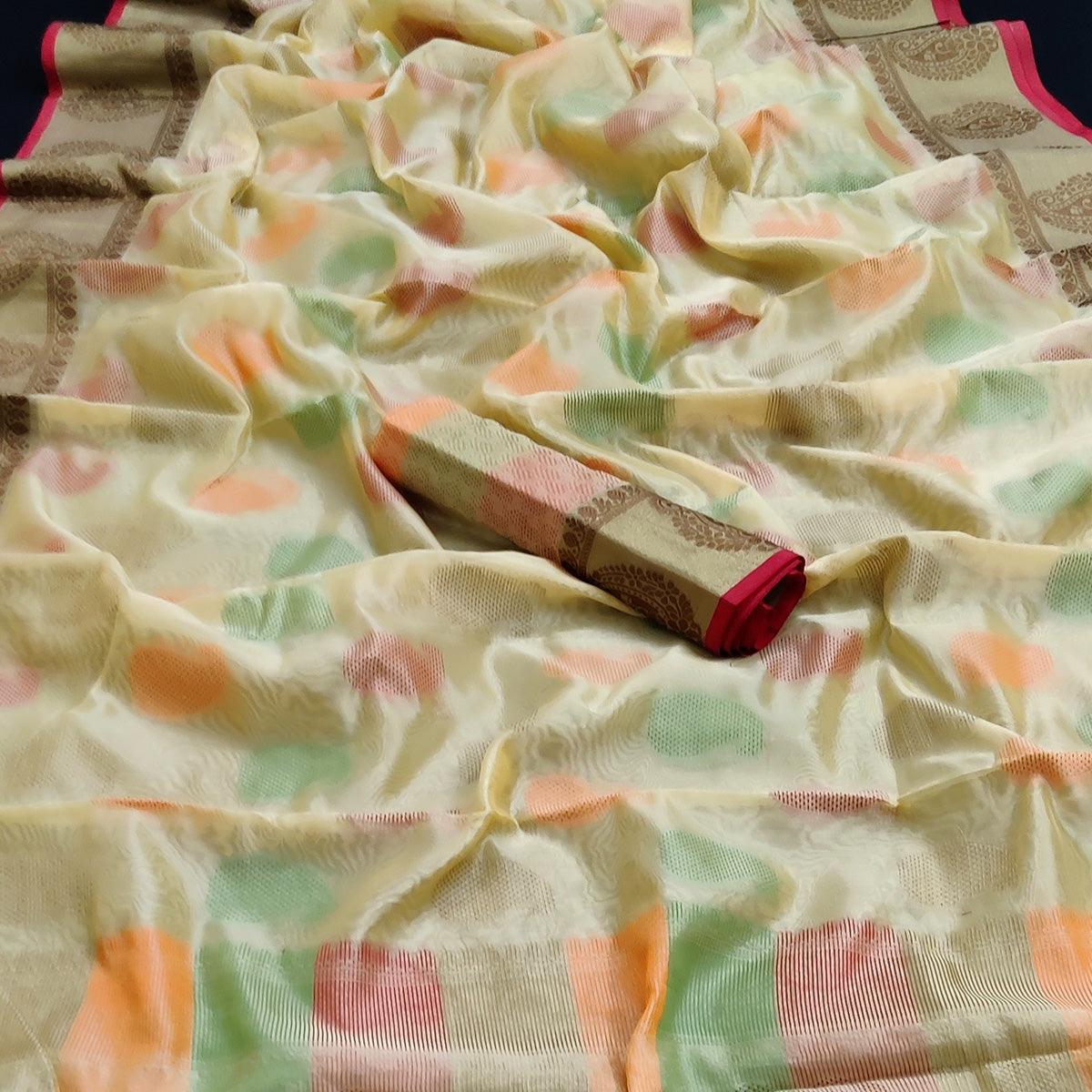 Peachmode Chikoo Festive Wear Woven Silk Saree - view 2