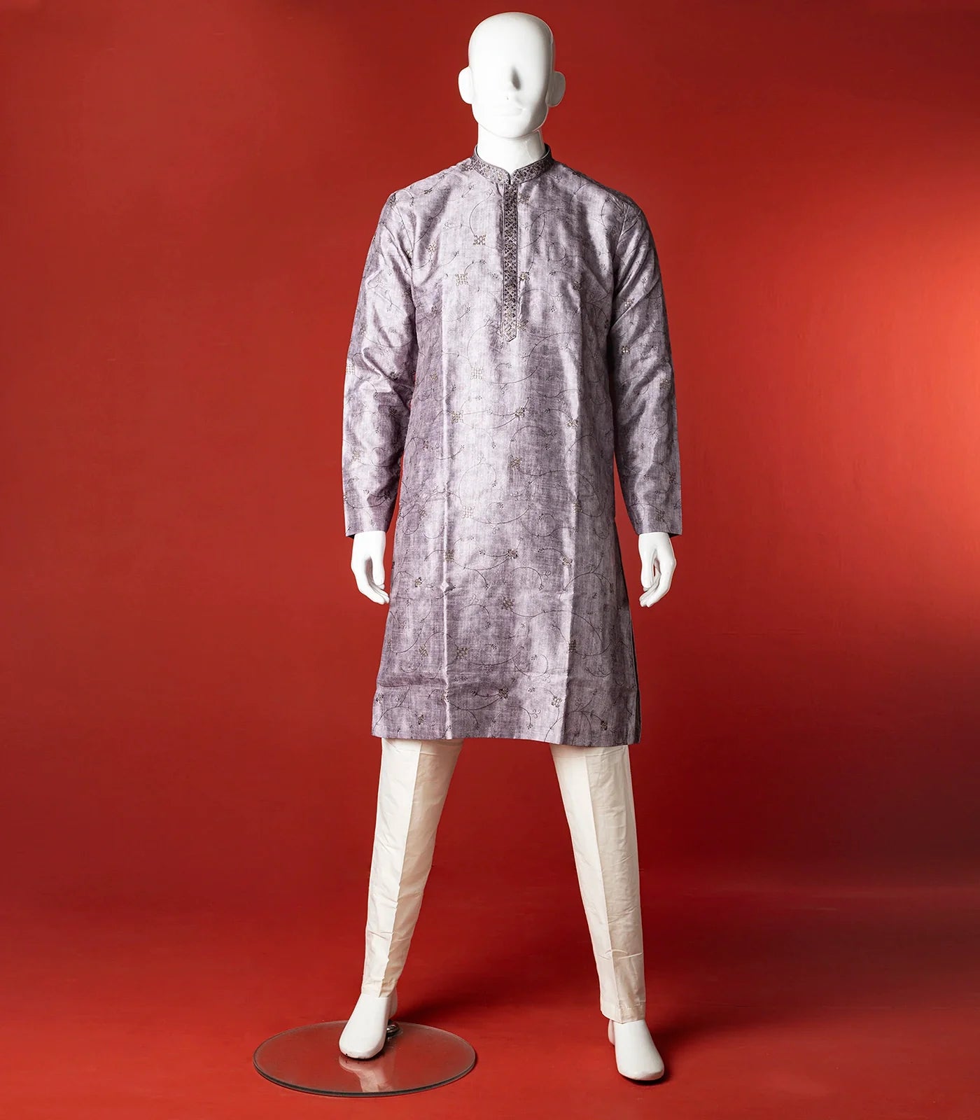 RmKV Grey Floral Embroidered Kurta With White Straight Fit Pants-Grey