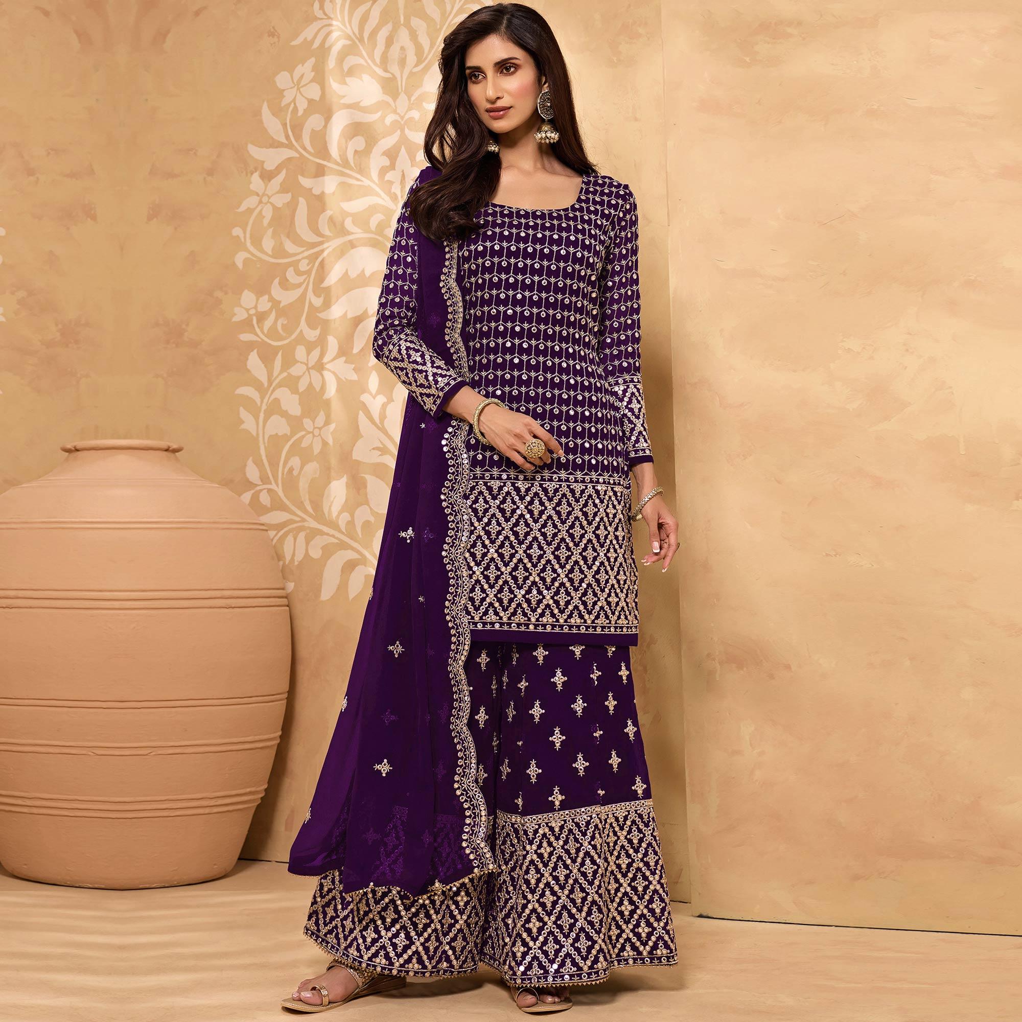Peachmode Dark Purple Embroidered-Embellished Georgette Sharara Suit - view 2