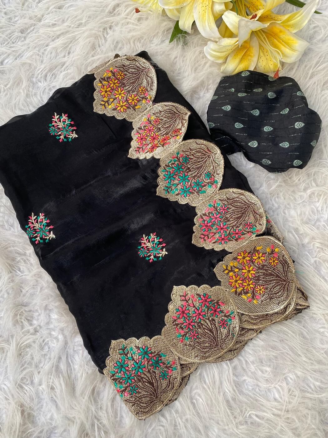 Tasrika Fragrant Black Embroidery Work Fendy Silk Saree With Murmurous Blouse Piece - view 2