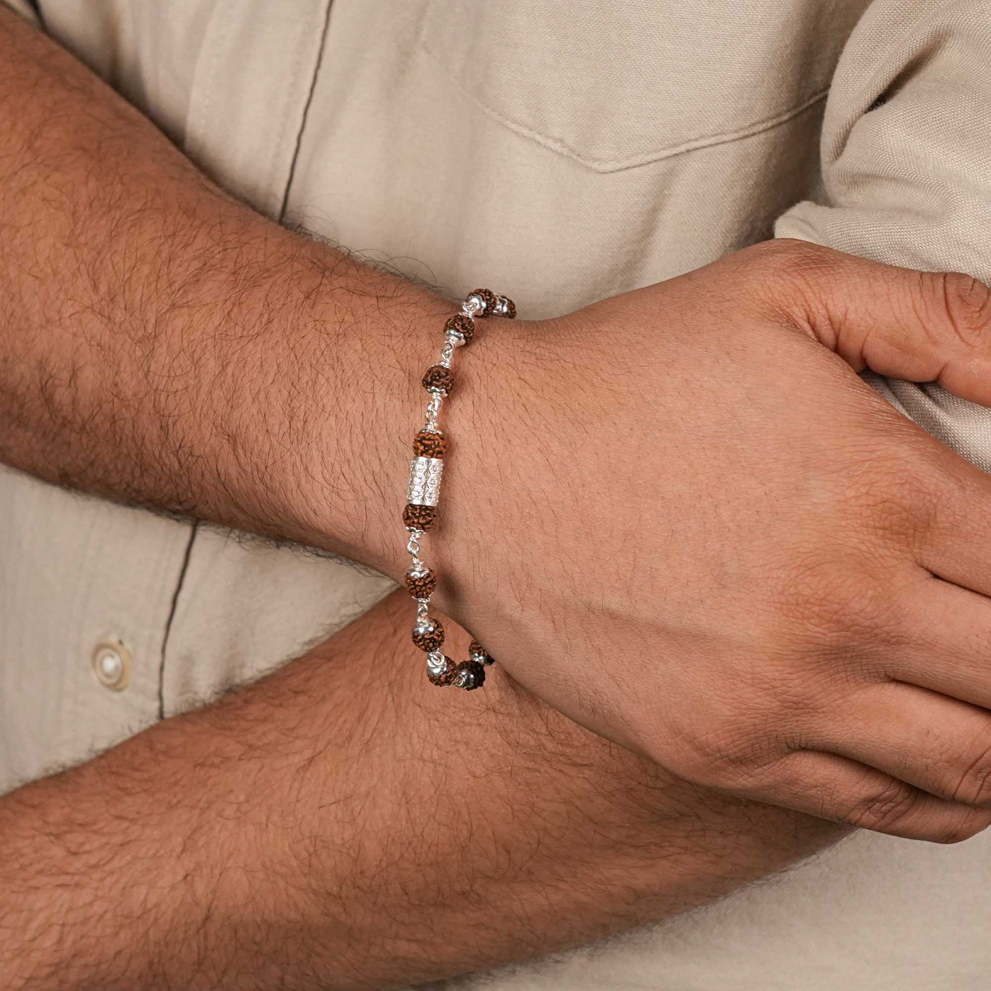 Prinjal Jewellers Rudraksha Silver Daimond Cylinder Bracelet - view 2
