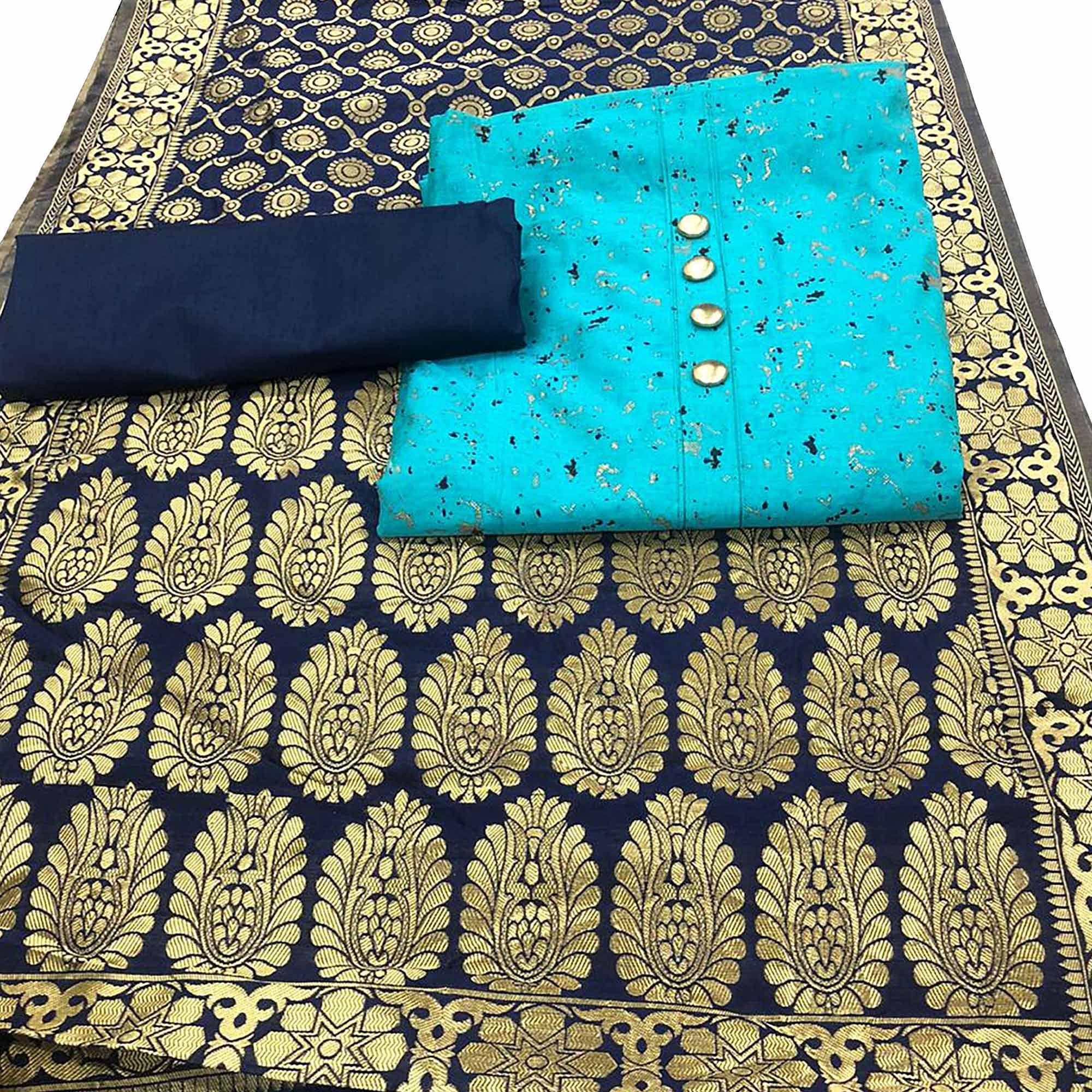 Peachmode Classy Sky Blue Colored Casual Wear Printed Chanderi Dress Material With Banarasi Silk Dupatta - view 2