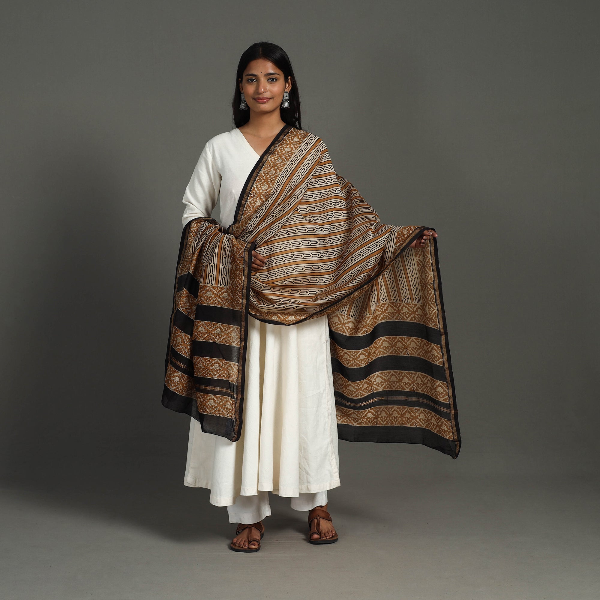 HAVELI CHRONICLES Brown - Handloom Block Print Chanderi Silk Bagru Dupatta 25