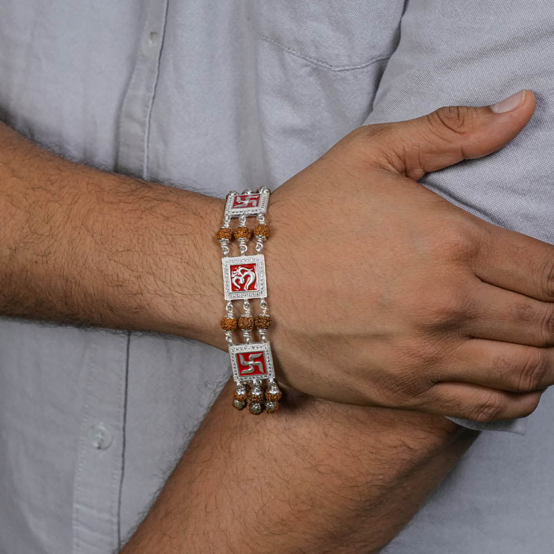 Prinjal Jewellers Rudraksha Silver Om With Swastik Tripal Line Bracelet - view 3