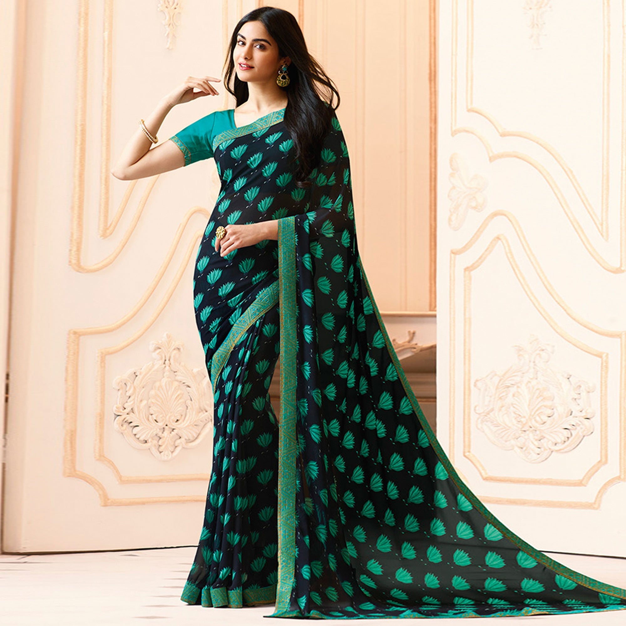Peachmode Dark Blue Floral Printed Georgette Saree With Lace Border