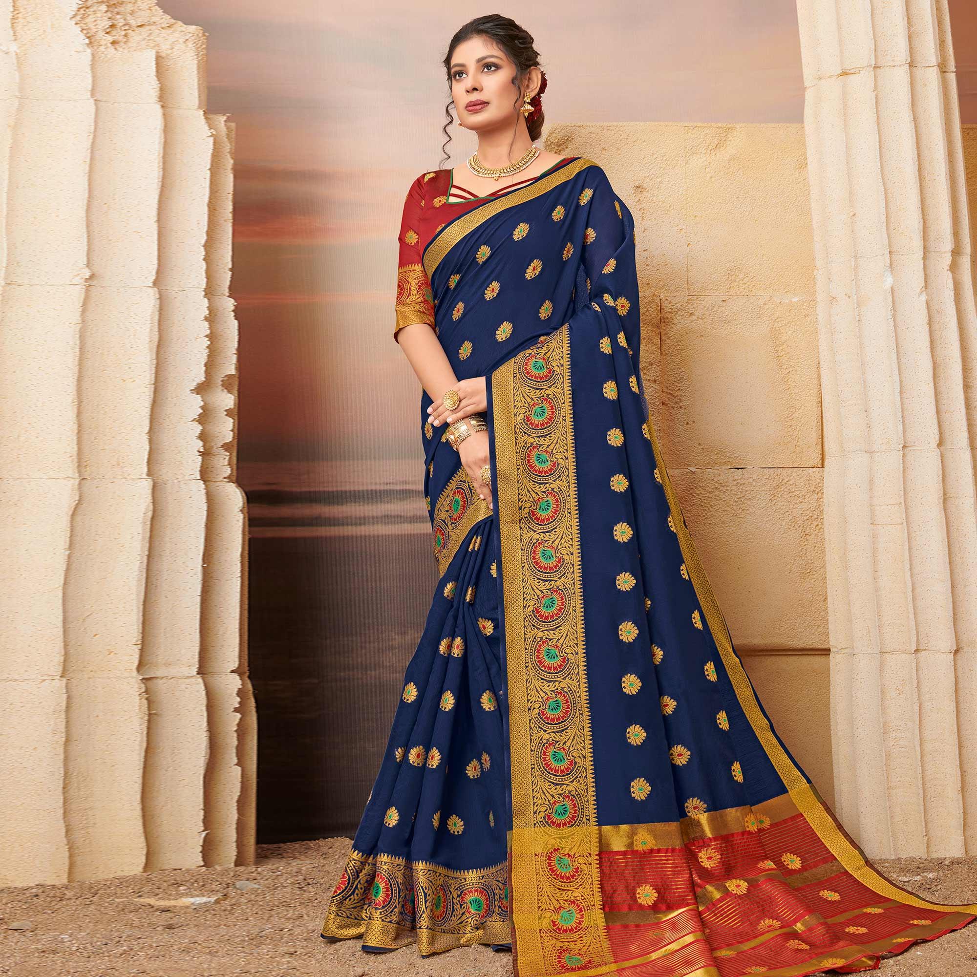 Peachmode Jazzy Navy Blue Colored Festive Wear Woven Cotton Saree